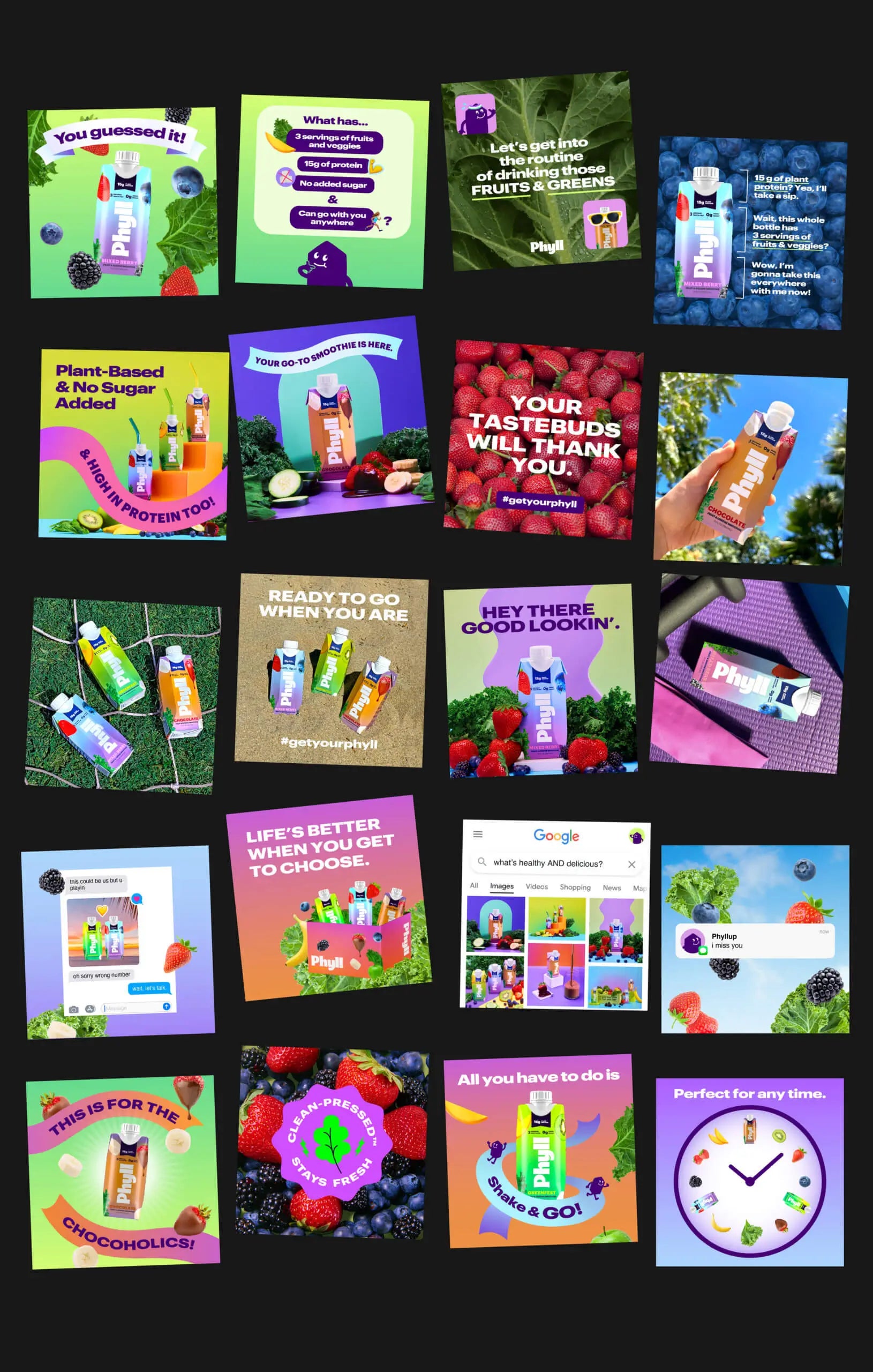 Grid of colorful product packaging with various designs on a black background