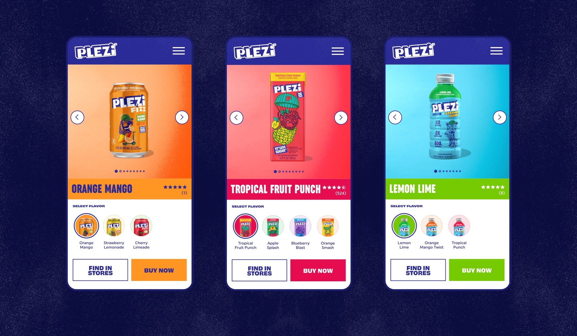 Three smartphone screens displaying Plezi drinks with colorful packaging and branding.