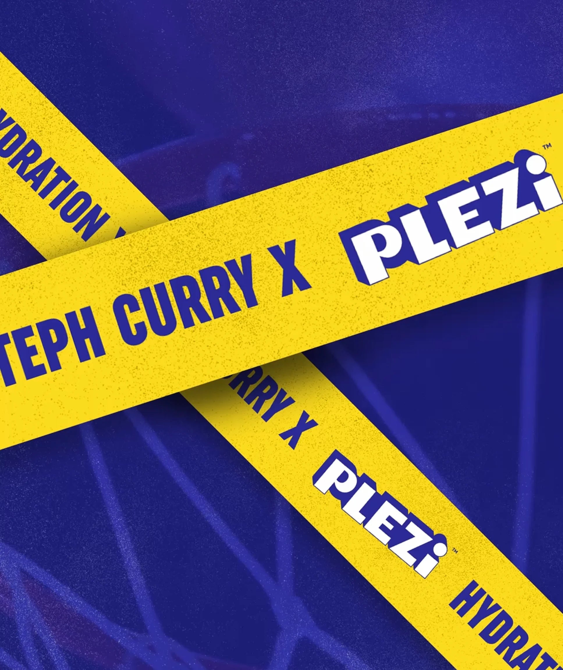 Yellow Plezi branding tape with 'Steph Curry X' on a blue background