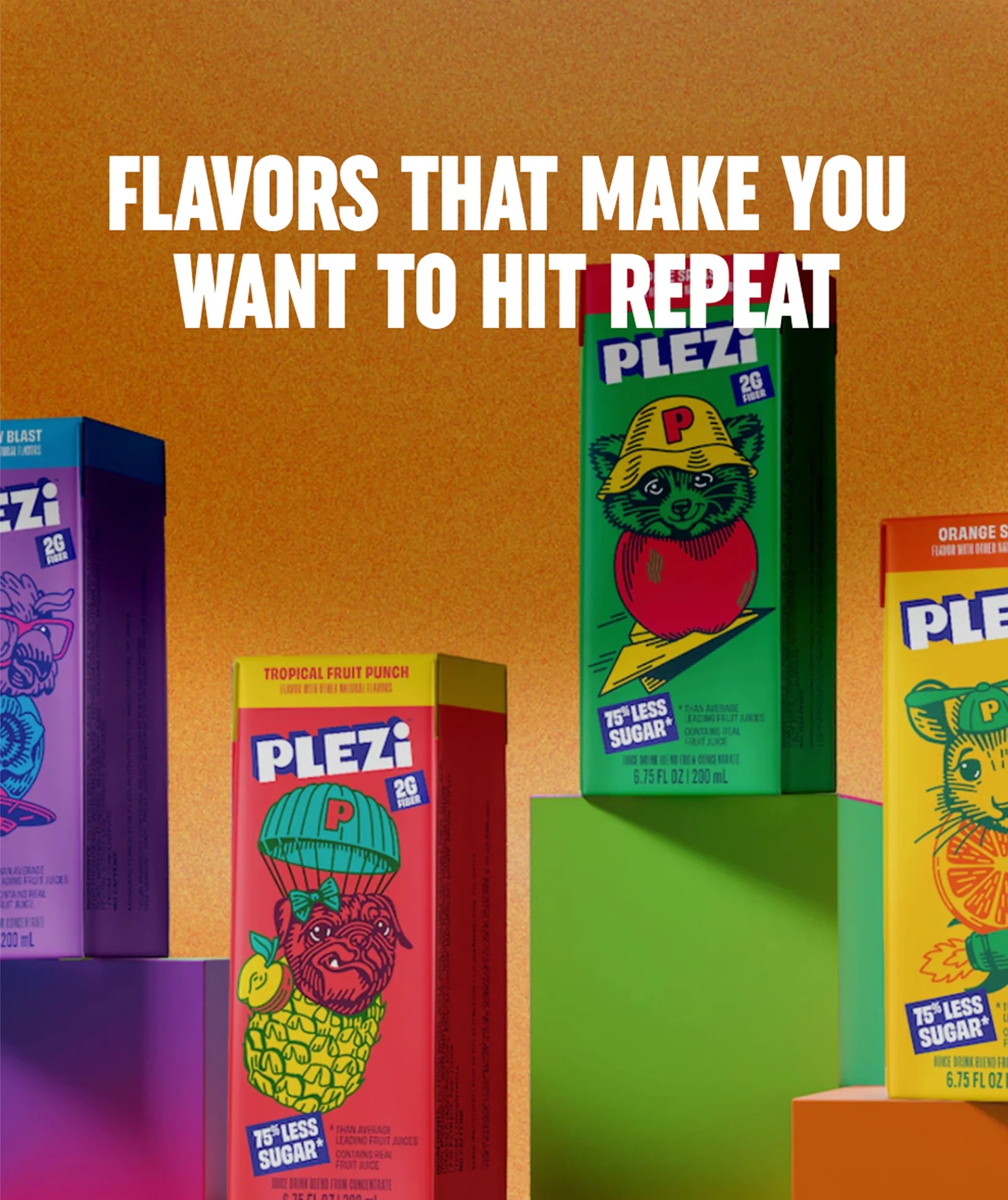 Colorful boxes of Plezi juice with a brown background and text.