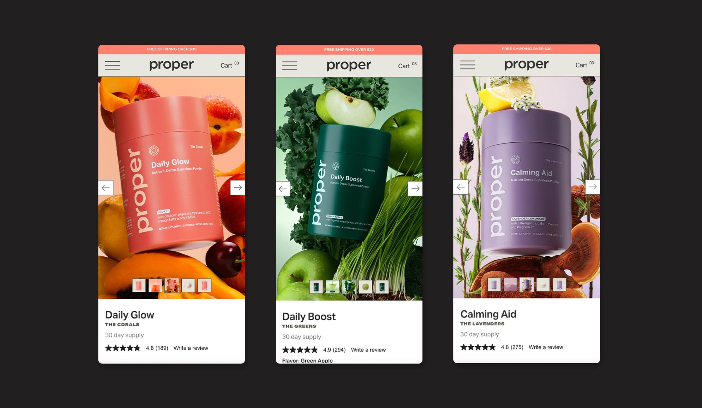 Three packaging designs for 'proper' products on a black background