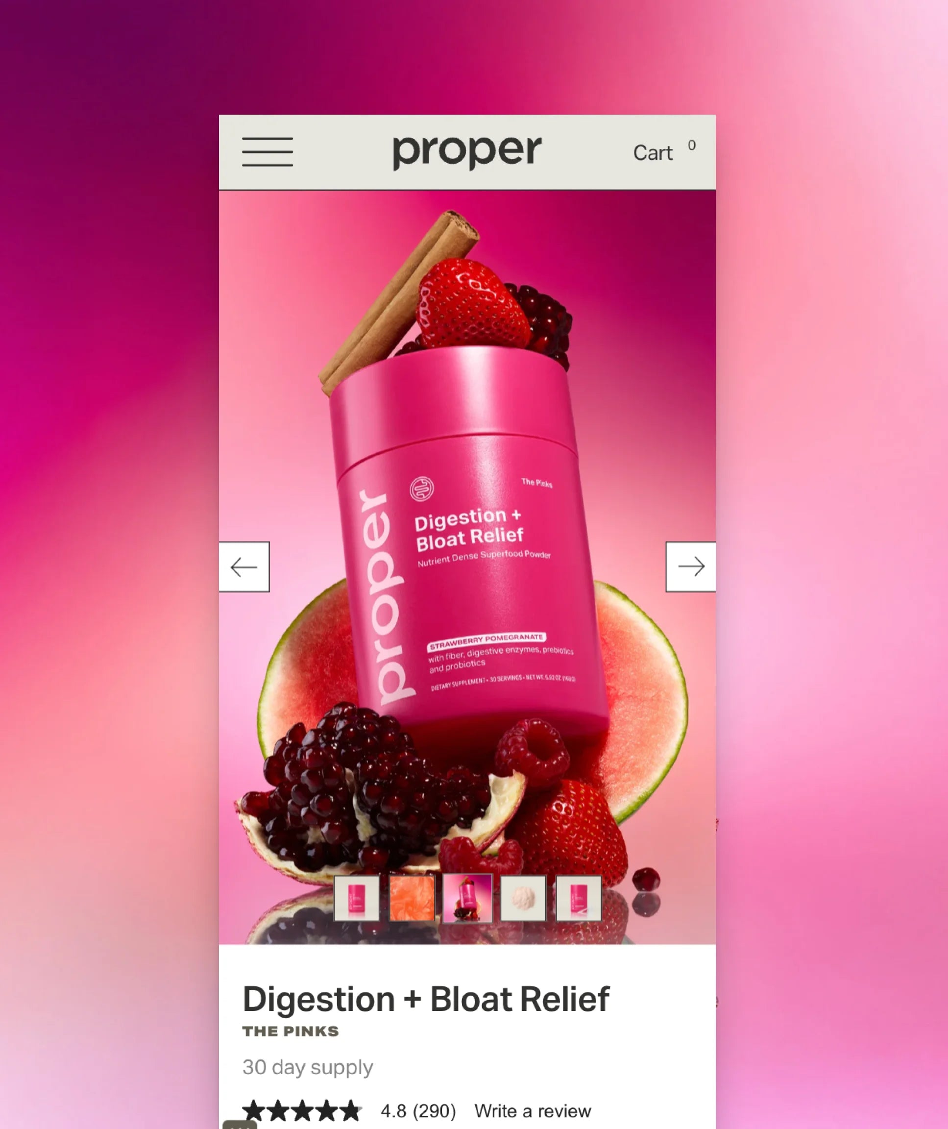 Pink supplement container labeled 'proper' with fruit on a pink gradient background