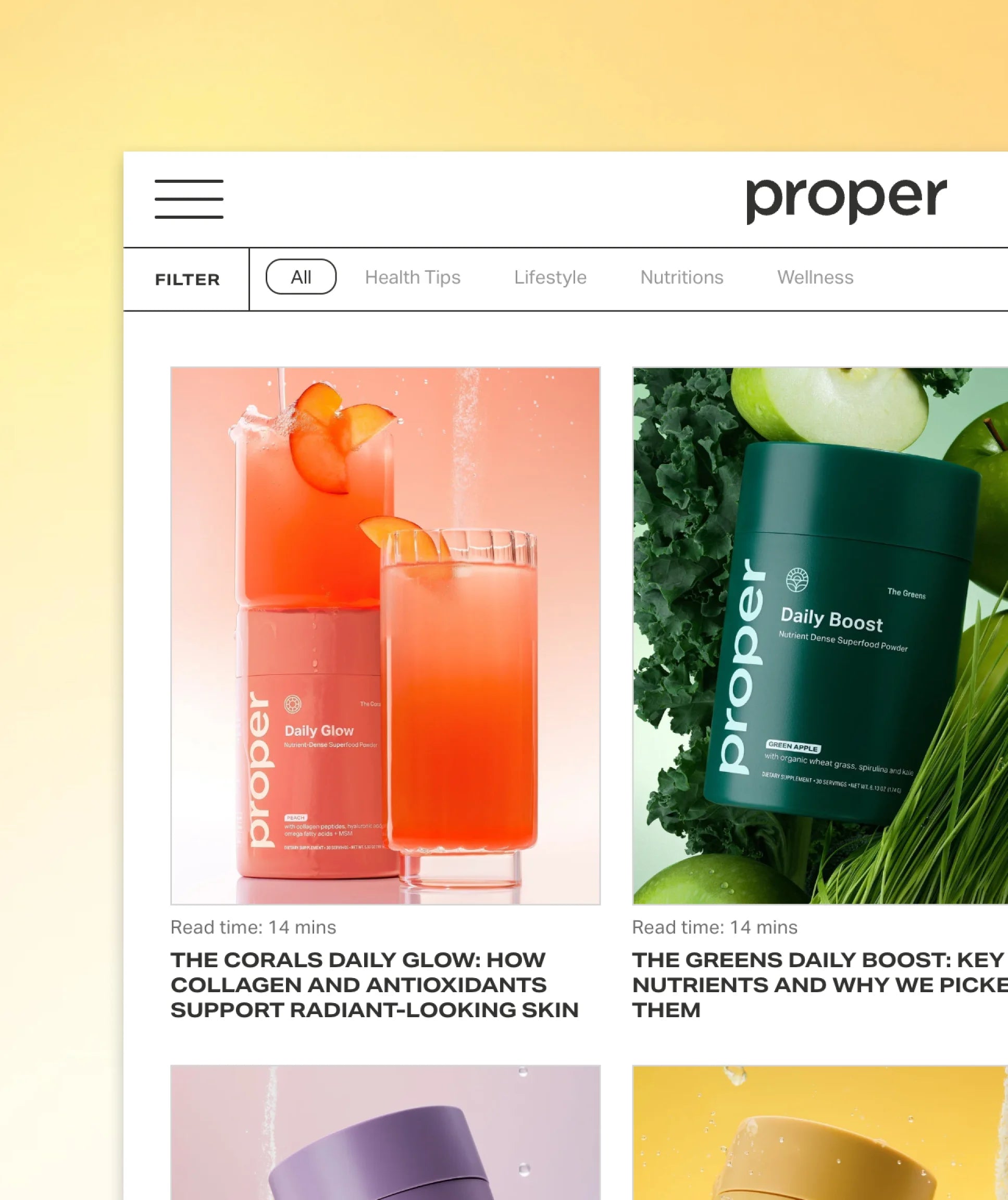 Website homepage of 'proper' with product images and text on a yellow background