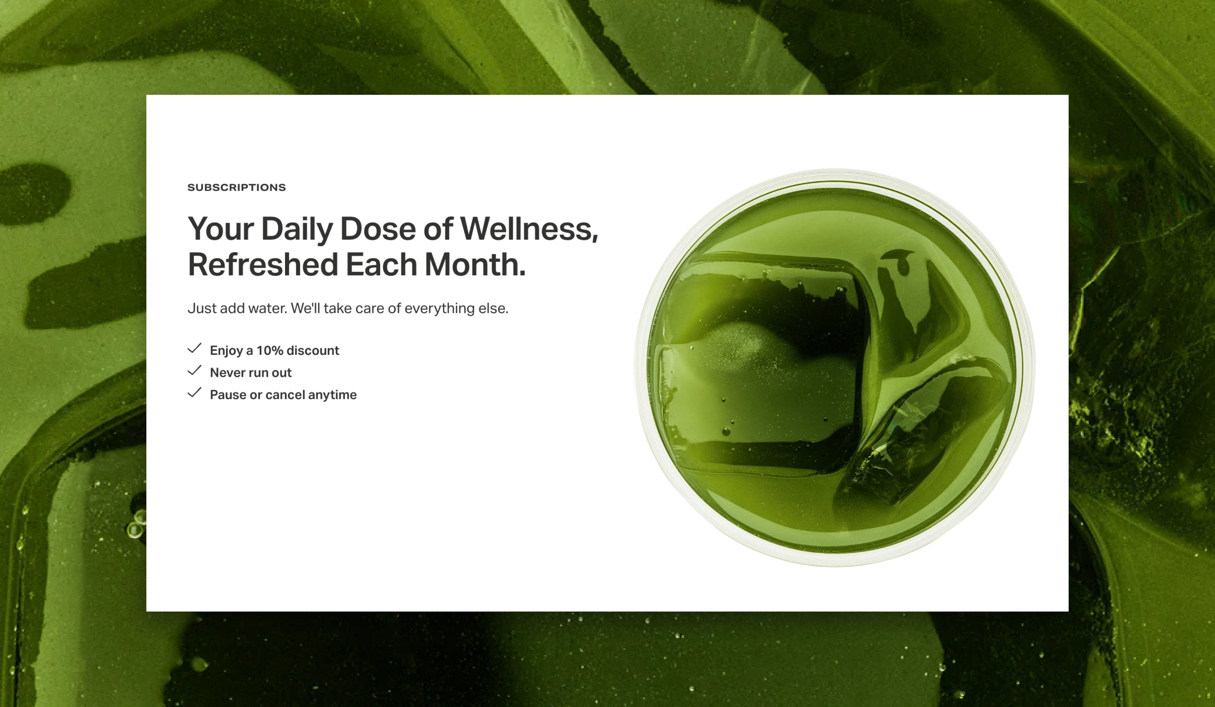 Promotional graphic for a wellness subscription with a green drink on a white background.