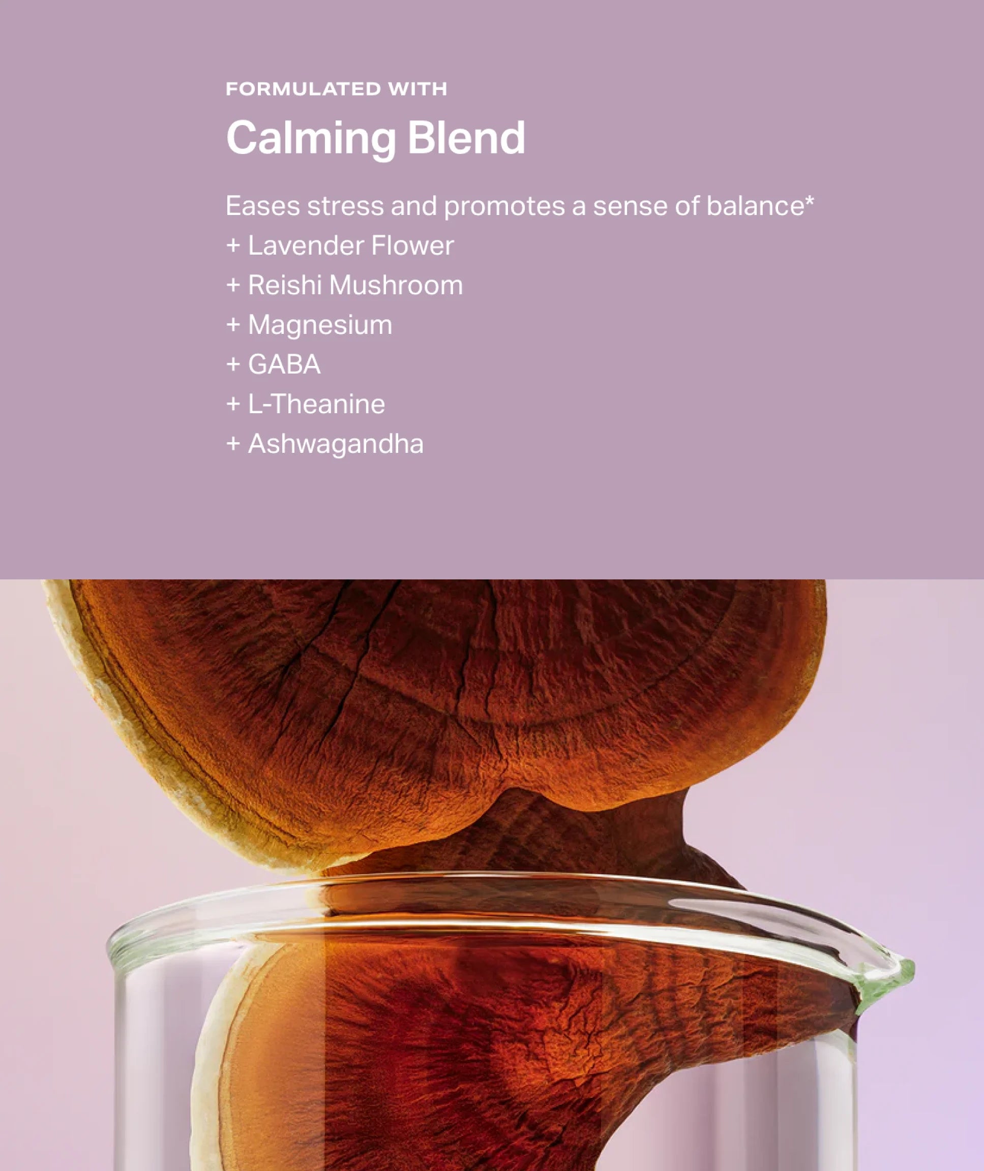 Glass of tea with wooden lid on a light pink background, featuring text about a 'Calming Blend'.