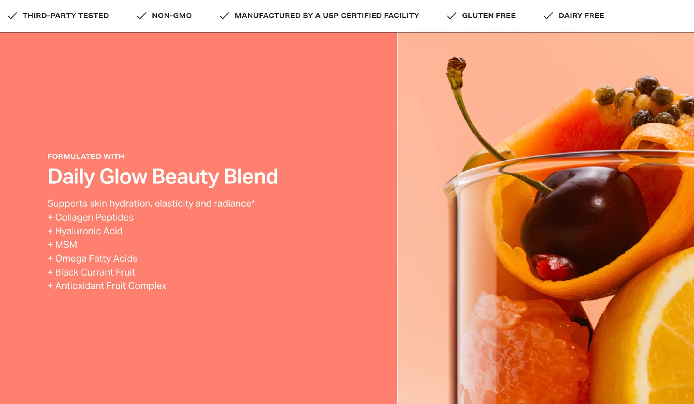 Glass of fruit with a pink background and text about 'Daily Glow Beauty Blend'.