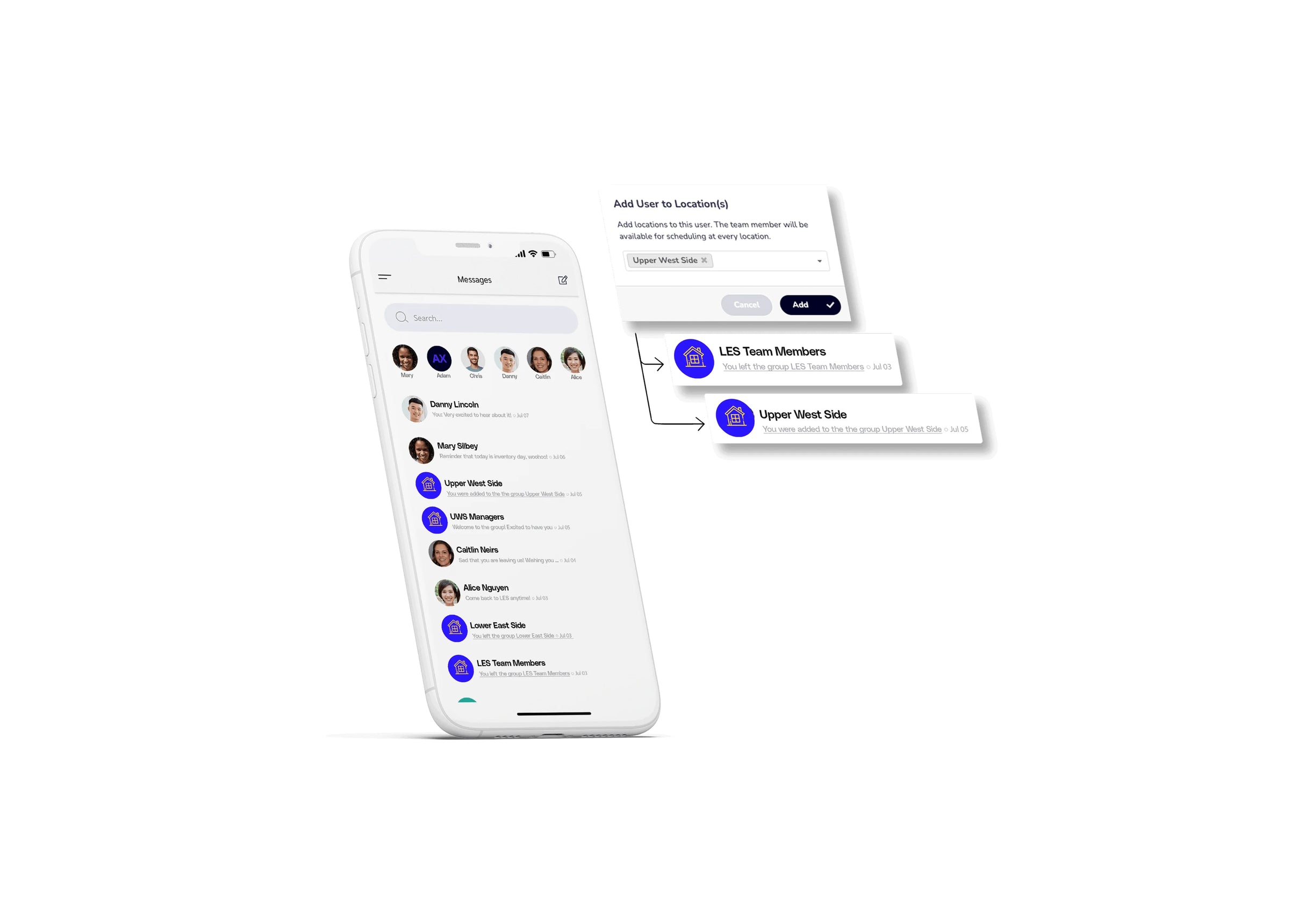 Phone screen displaying a user interface with contact list and messaging options on a white background