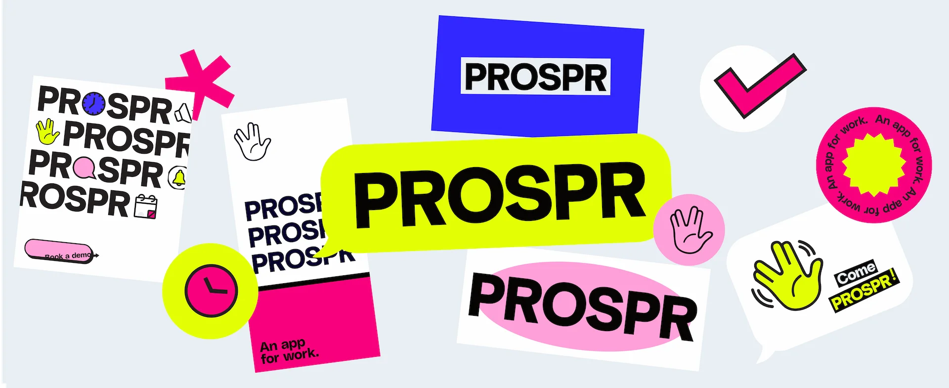 Colorful PROSPR branding elements on a light blue background