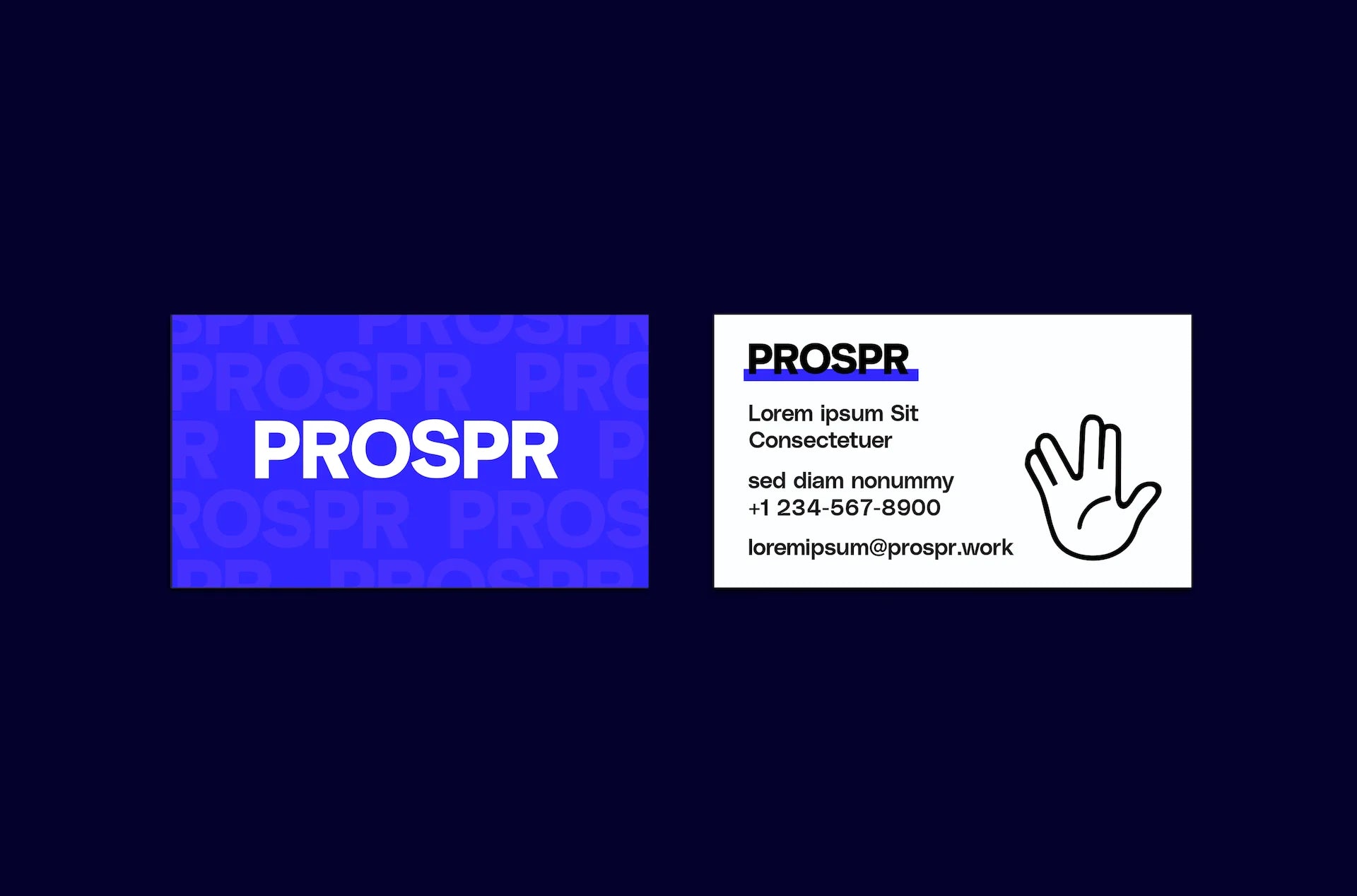PROSPR logo and business card design on a dark blue background