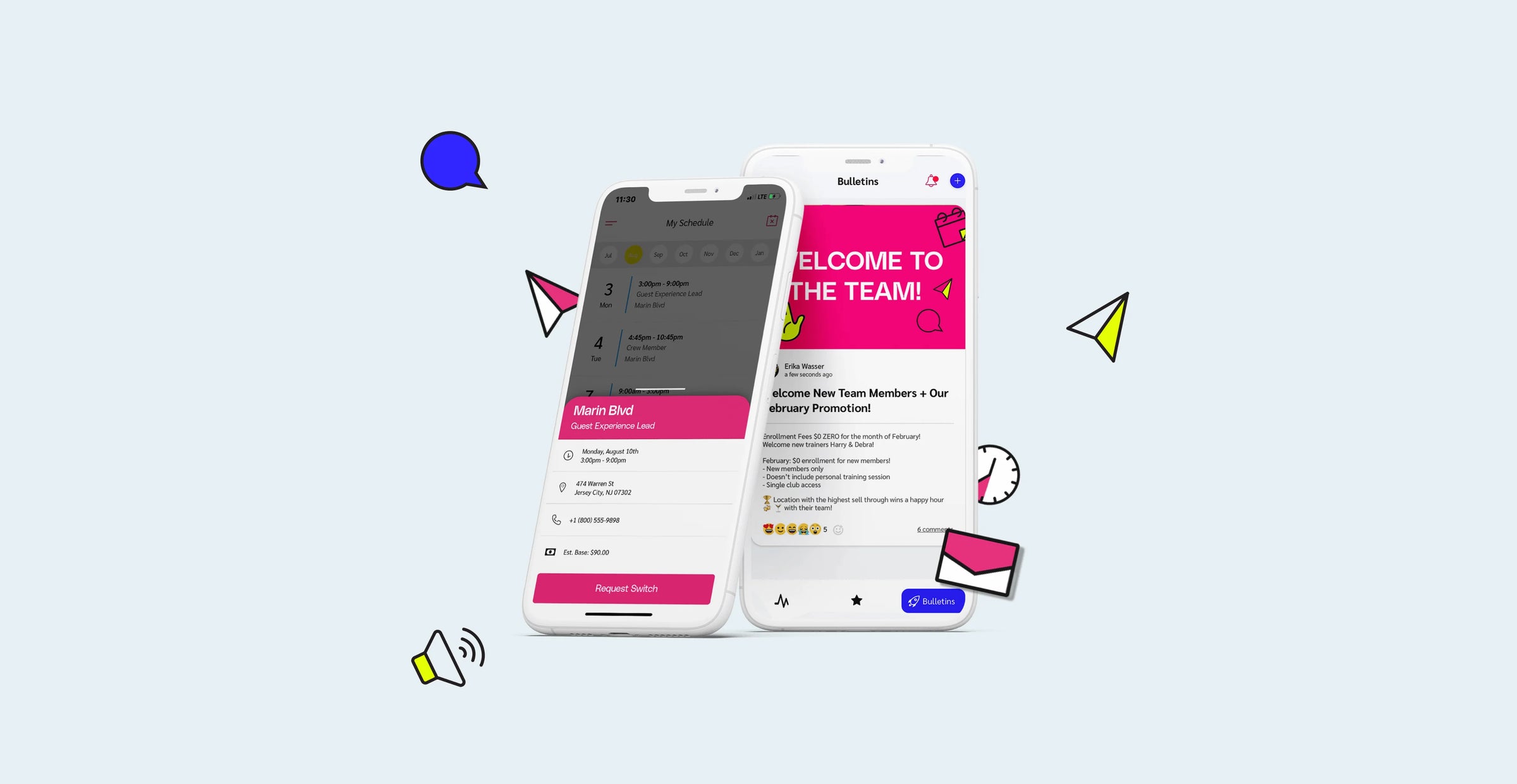 Two smartphones displaying a welcome message on a light blue background with colorful icons.