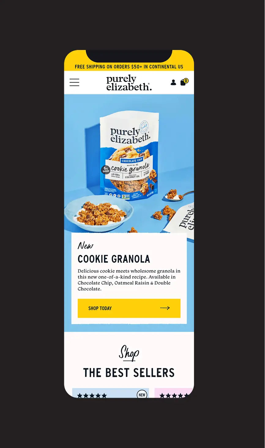 Purely Elizabeth cookie granola packaging on a black background