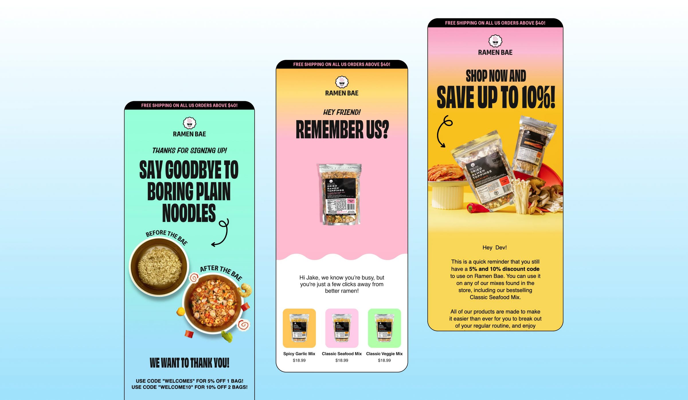 Three colorful promotional posters for a noodle brand on a light blue background