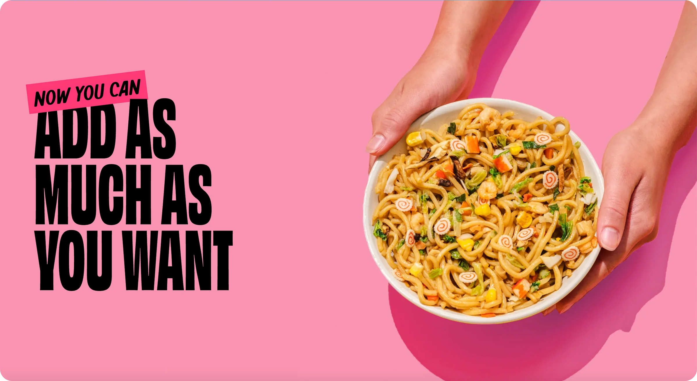 Person holding a bowl of noodles with text on a pink background