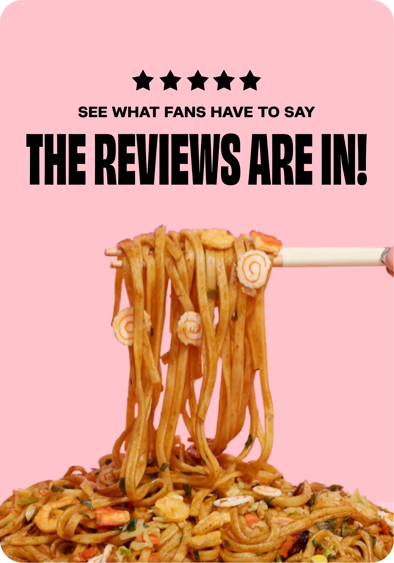 Noodles on a fork with text about reviews on a pink background