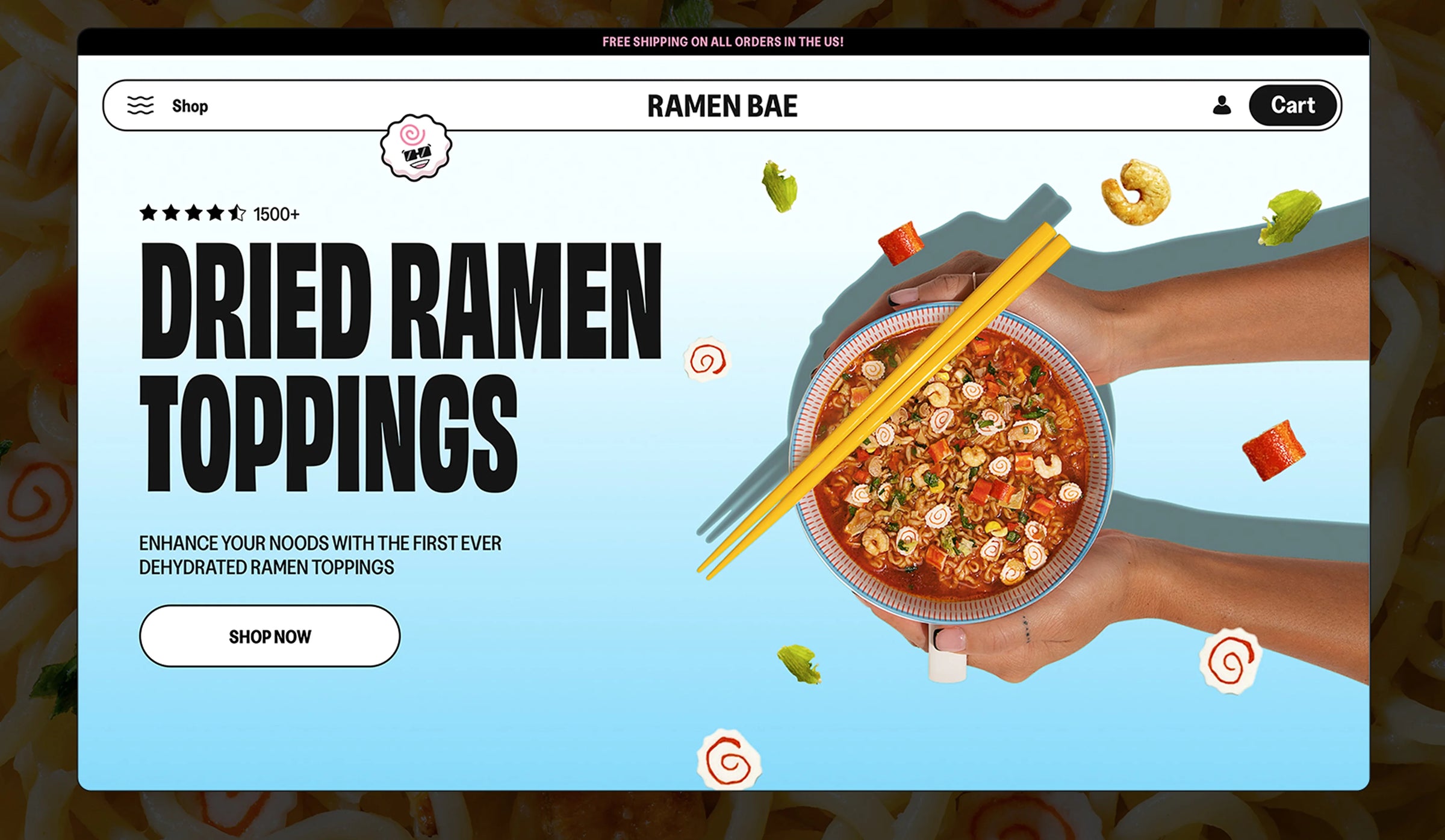 Website homepage for 'Ramen Bae' with a bowl of ramen and dried toppings.