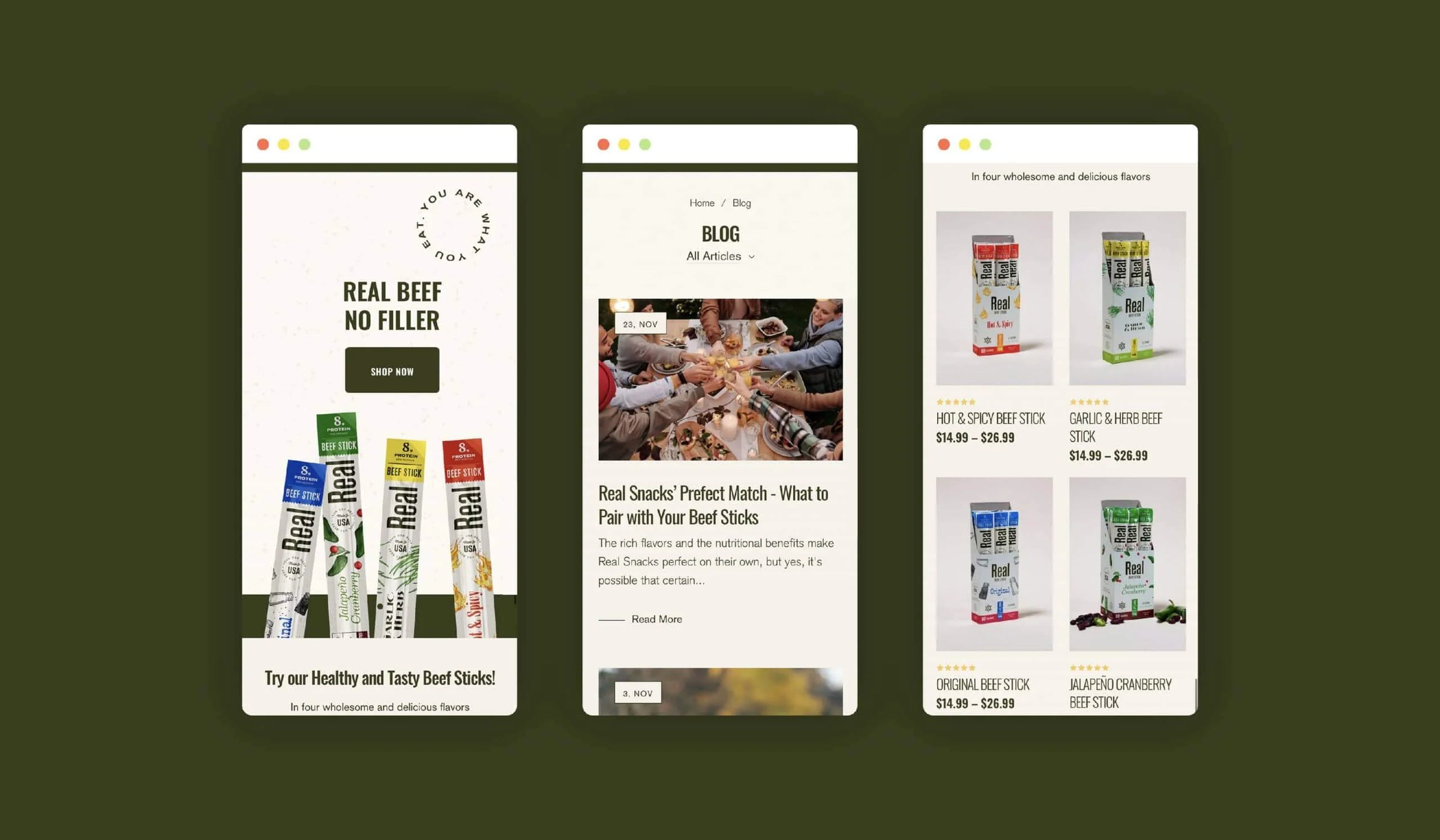 Three smartphone screens displaying a beef product website on a dark green background