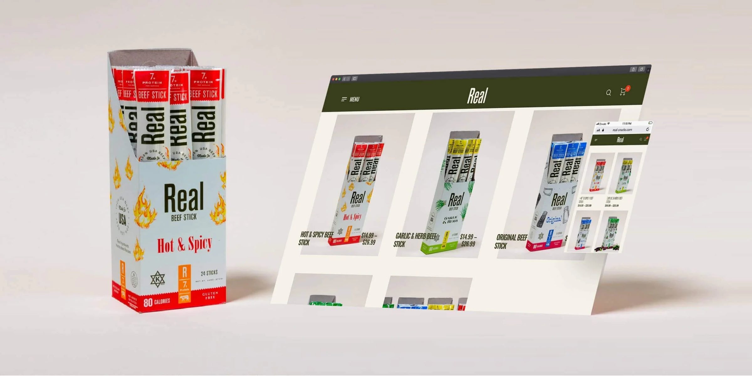 Packaging of 'Rea Snacks' beef sticks  with digital interface displaying product images on a white background