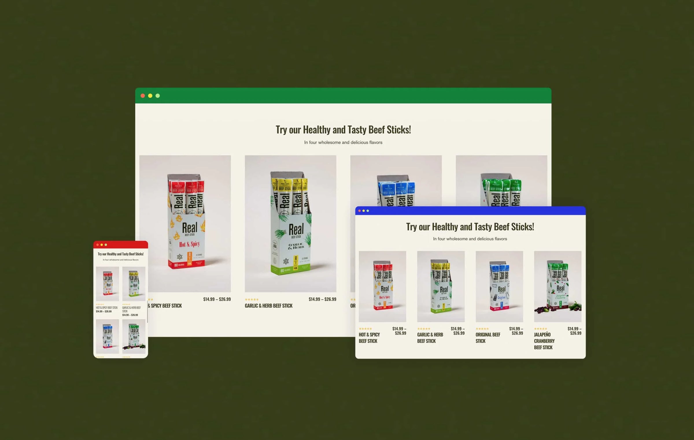 Website mockup with beef stick packaging on a green background