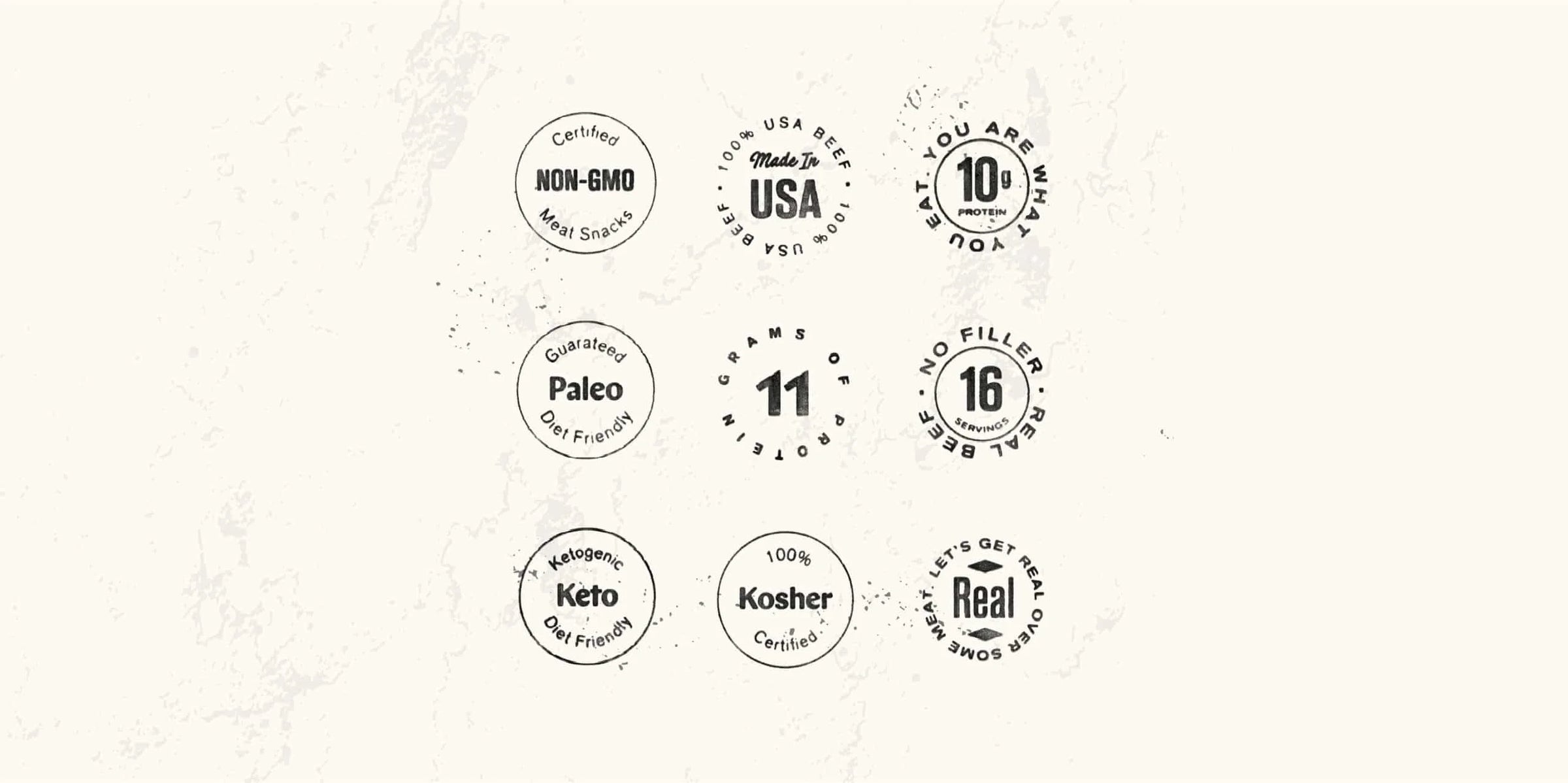 Collection of black and white certification labels on a textured white background