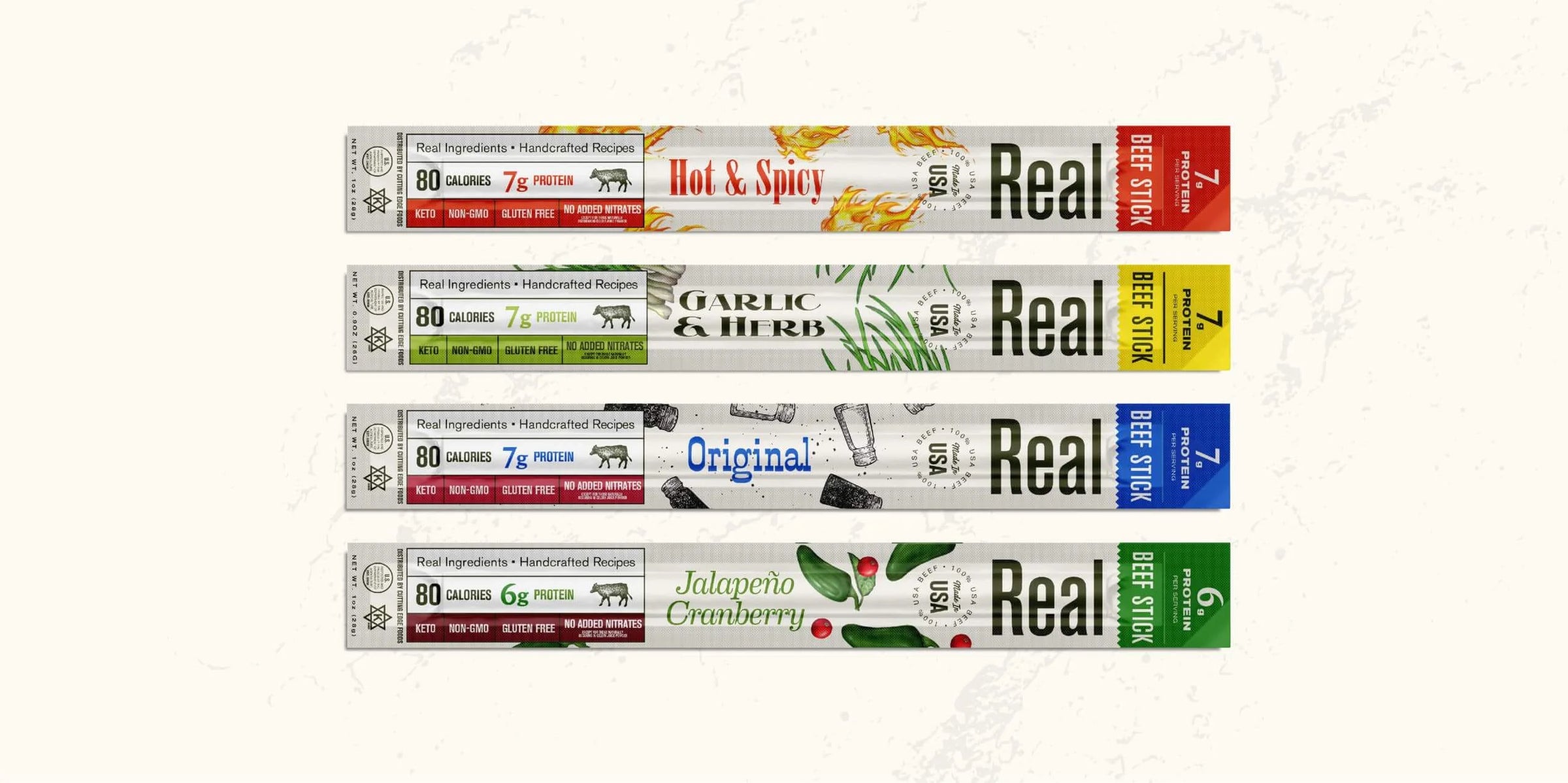 Four packages of Real Snacks beef sticks in different flavors on a white background