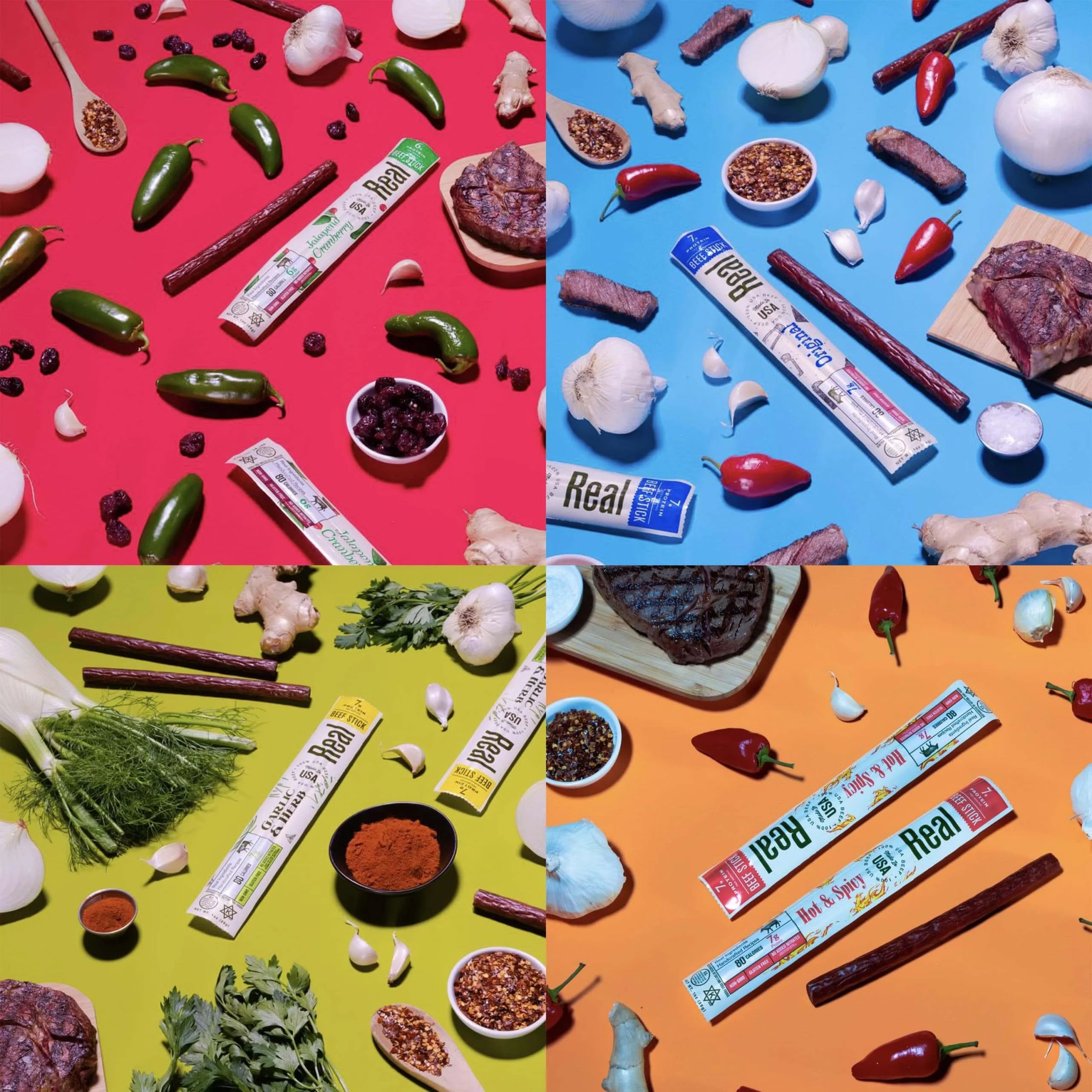 Five packages of Real Snacks jerky on a light gray background