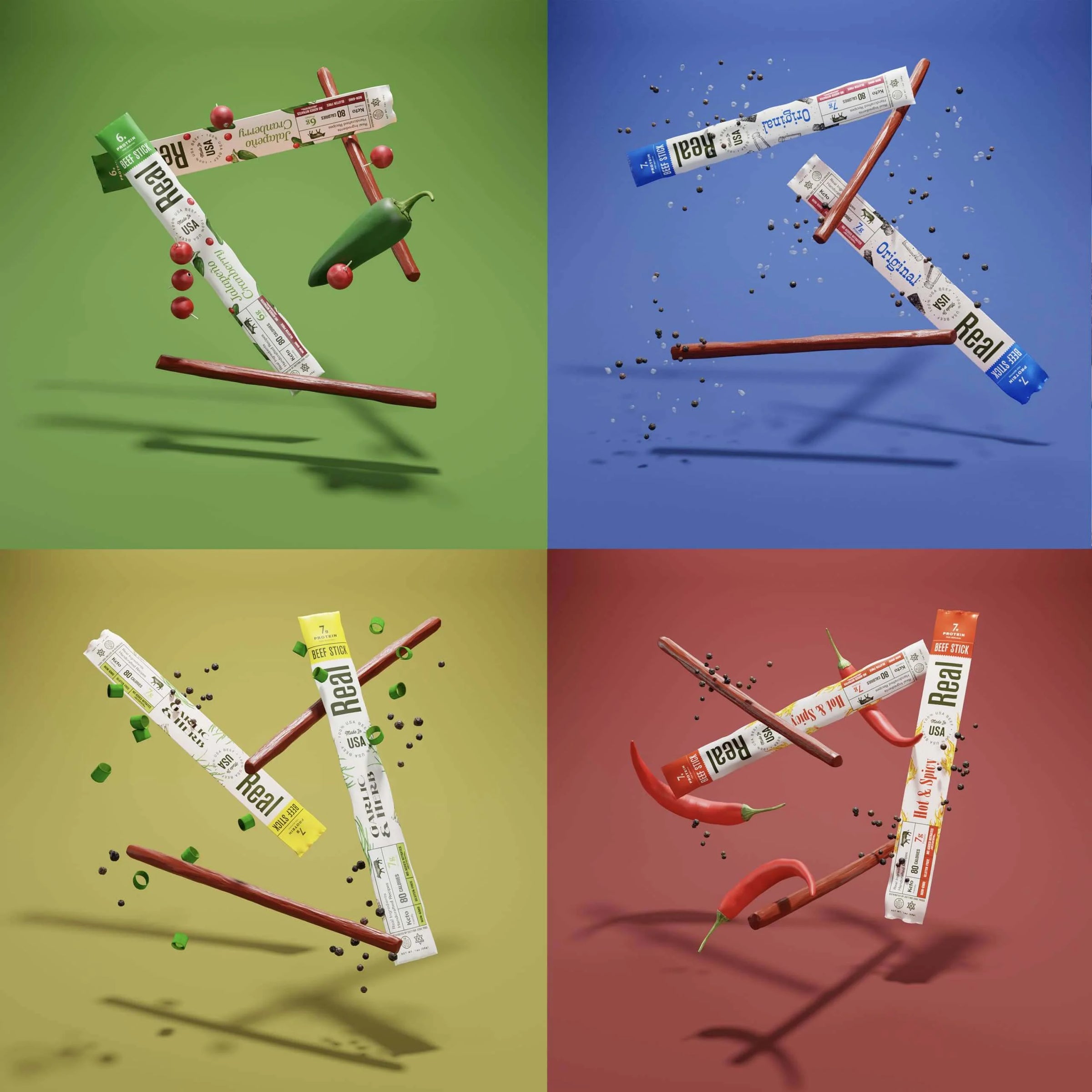 Four quadrants of a collage showing food items and 'Real Snacks' brand products on colorful backgrounds.