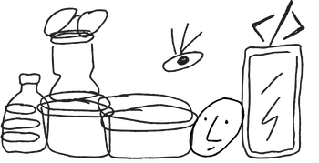 A hand-drawn black and white line art illustration depicting various cosmetic containers, including a small bottle, a larger jar with a lid, a round dish, a round pot with a face, and a rectangular box with a lightning bolt symbol.