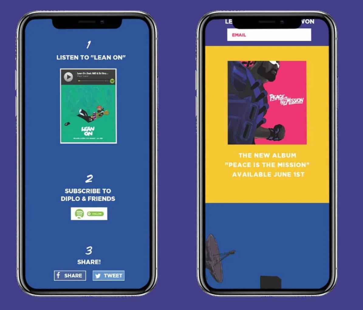 Two smartphones displaying music app interfaces with promotional content on a blue background