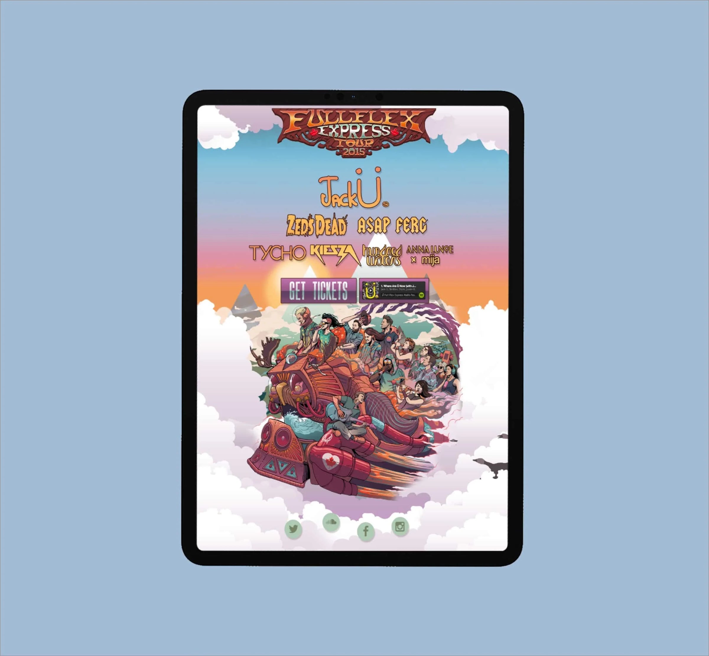 Album cover with colorful design on a light blue background