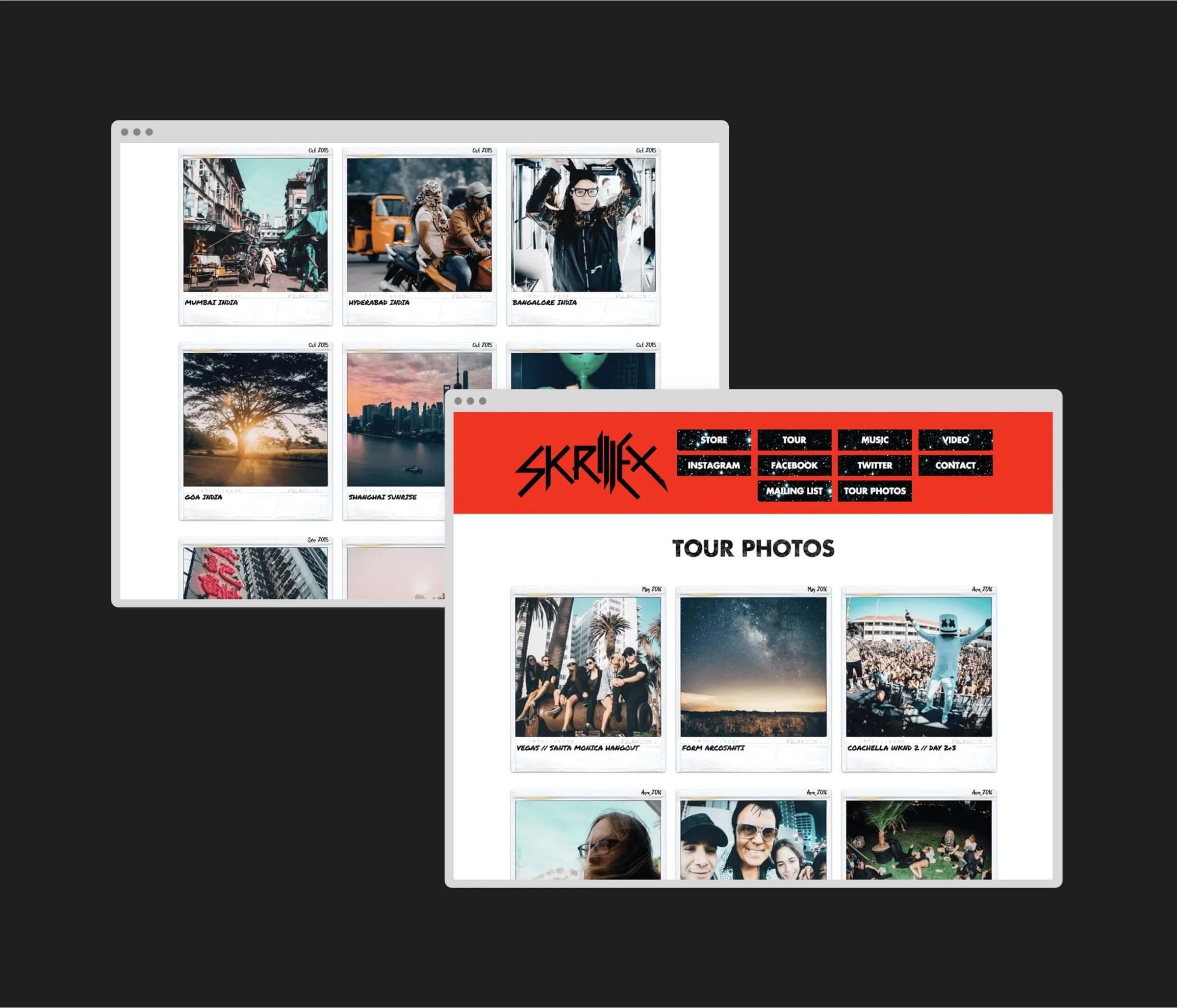 Website interface with 'Skrillex' tour photos on a black background