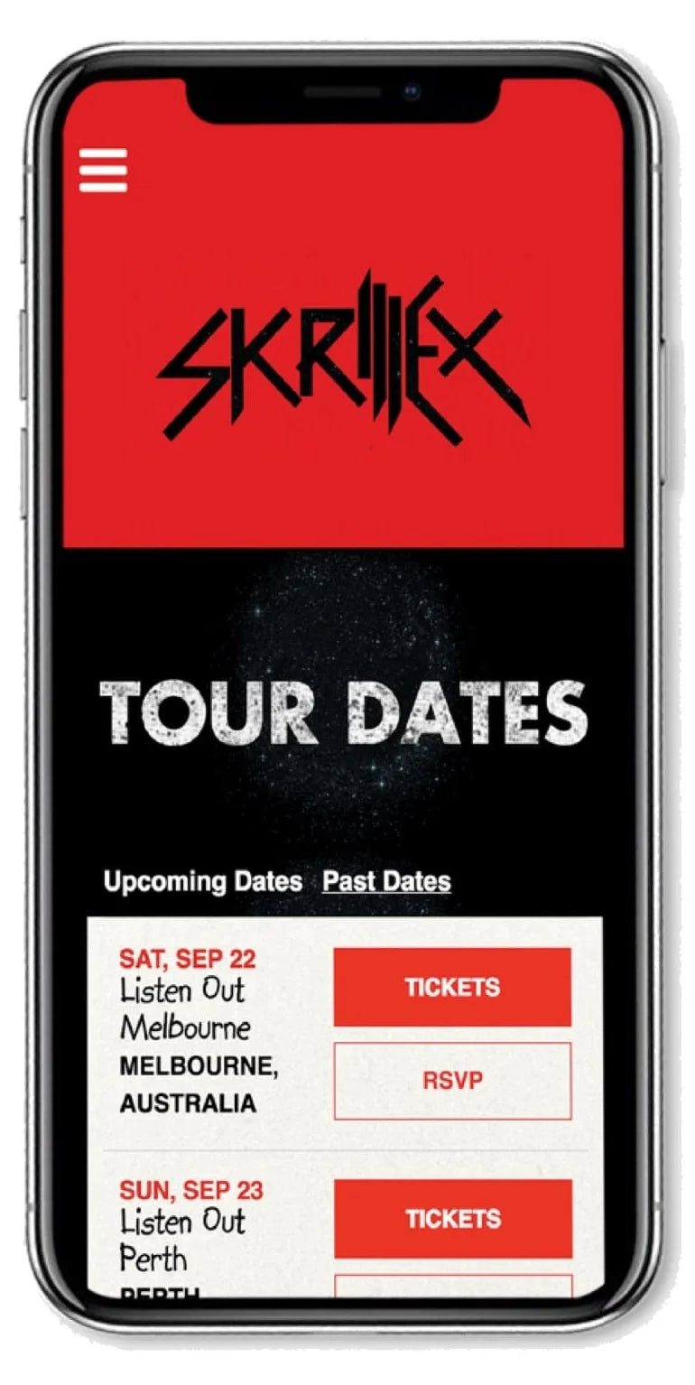 Phone displaying Skrillex tour dates with a red and black design.