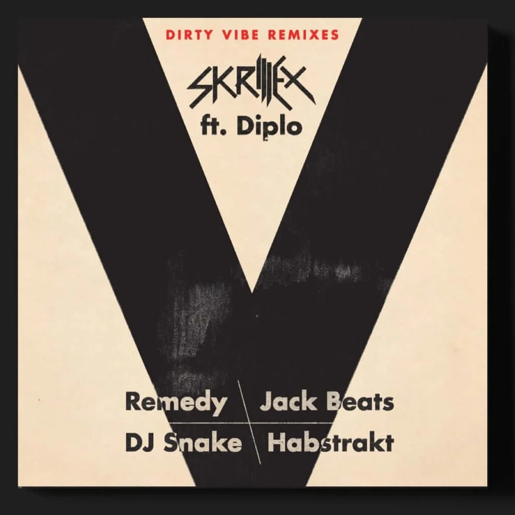 Album cover with Skrillex and Diplo featuring 'Dirty Vibe Remixes' on a black and beige background.