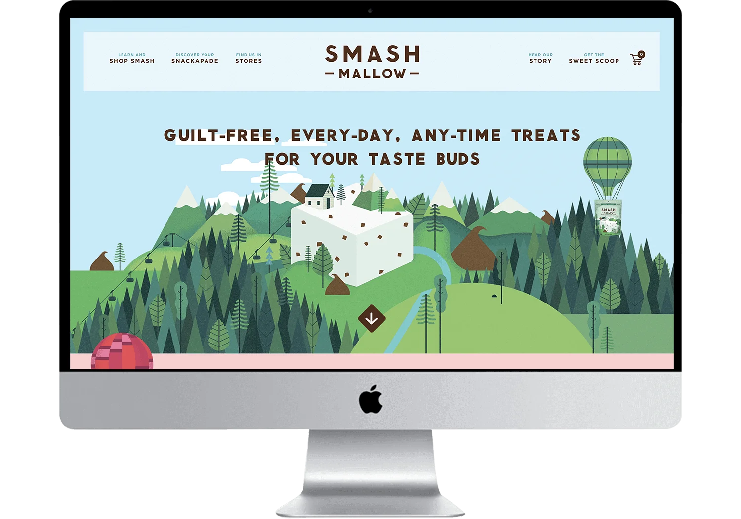 Computer monitor displaying the Smash Mallow website with a scenic illustration.