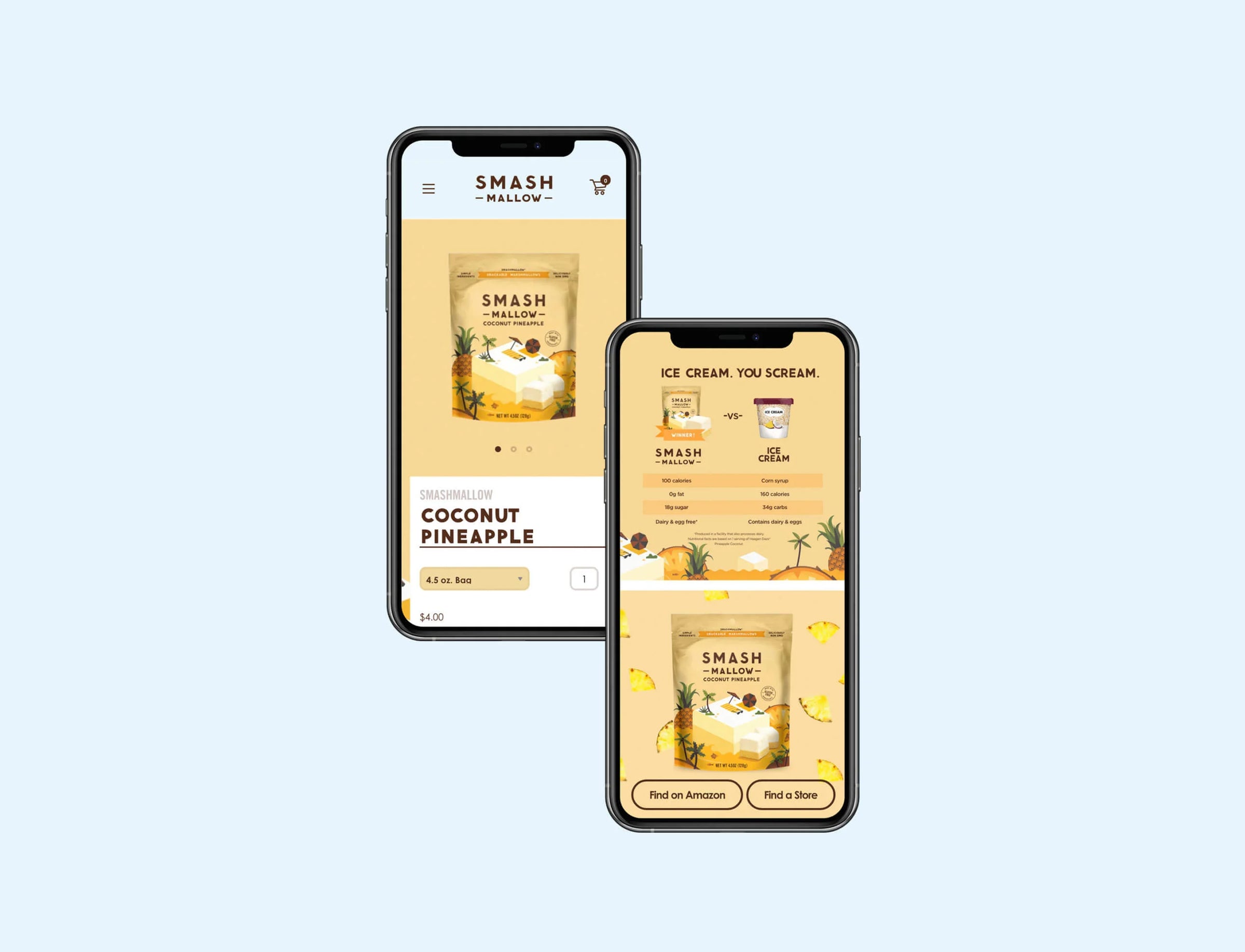 Two smartphone screens displaying the Smash Ice Cream app on a light blue background