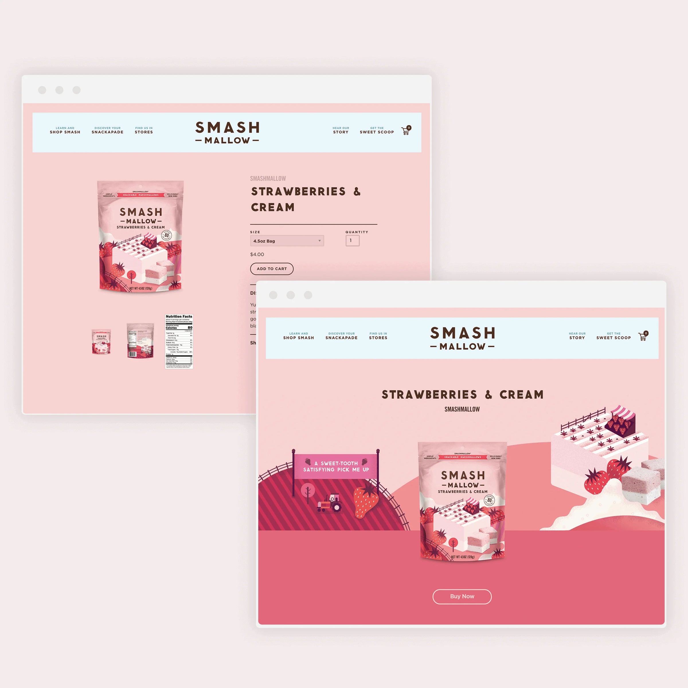 Two web pages displaying 'Smash Mallow' strawberry and cream product on a pink background.