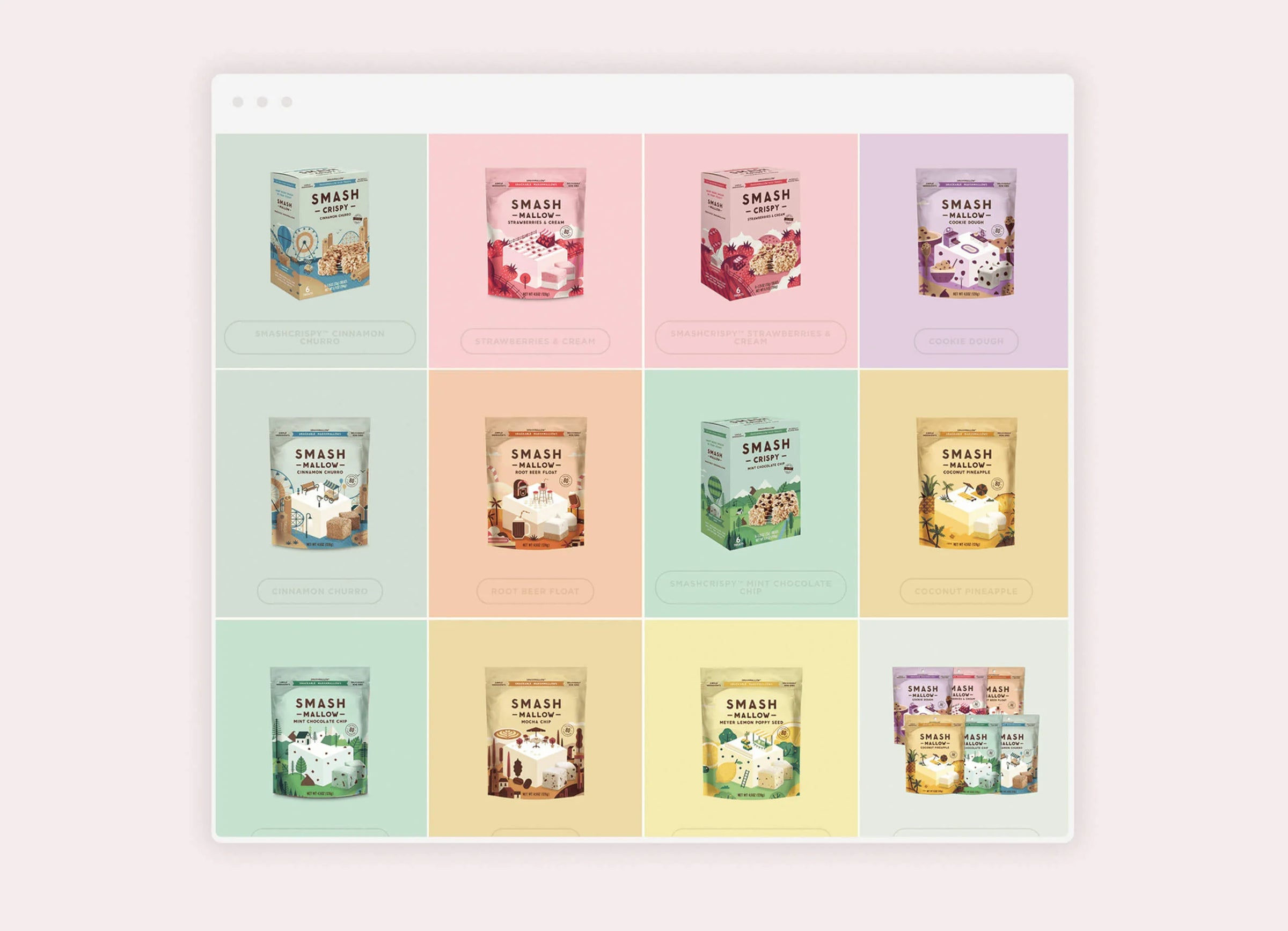 Grid of various 'SMASH' product packages on a pastel grid background