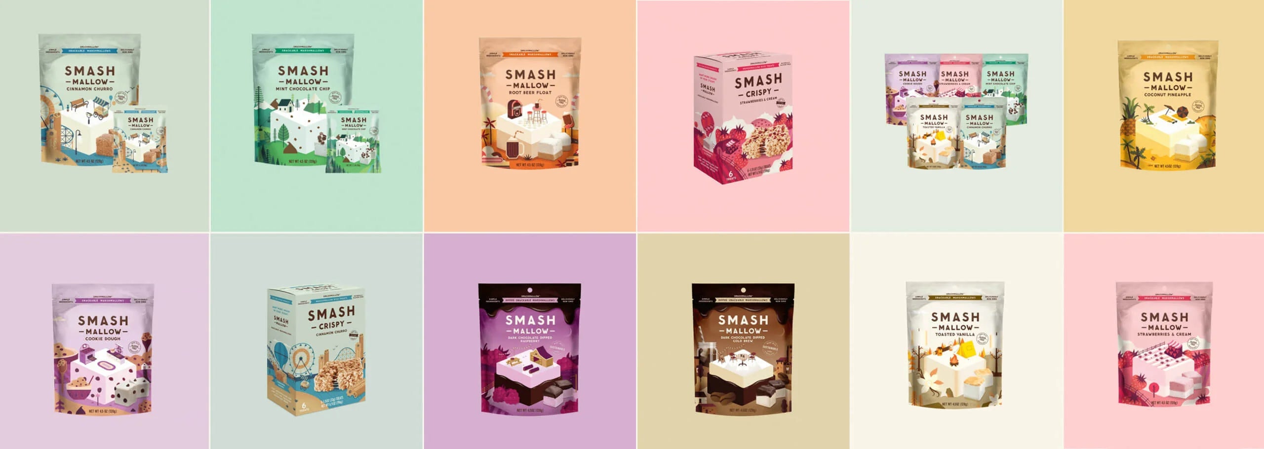 Grid of various packages labeled 'SMASH' on a colorful background