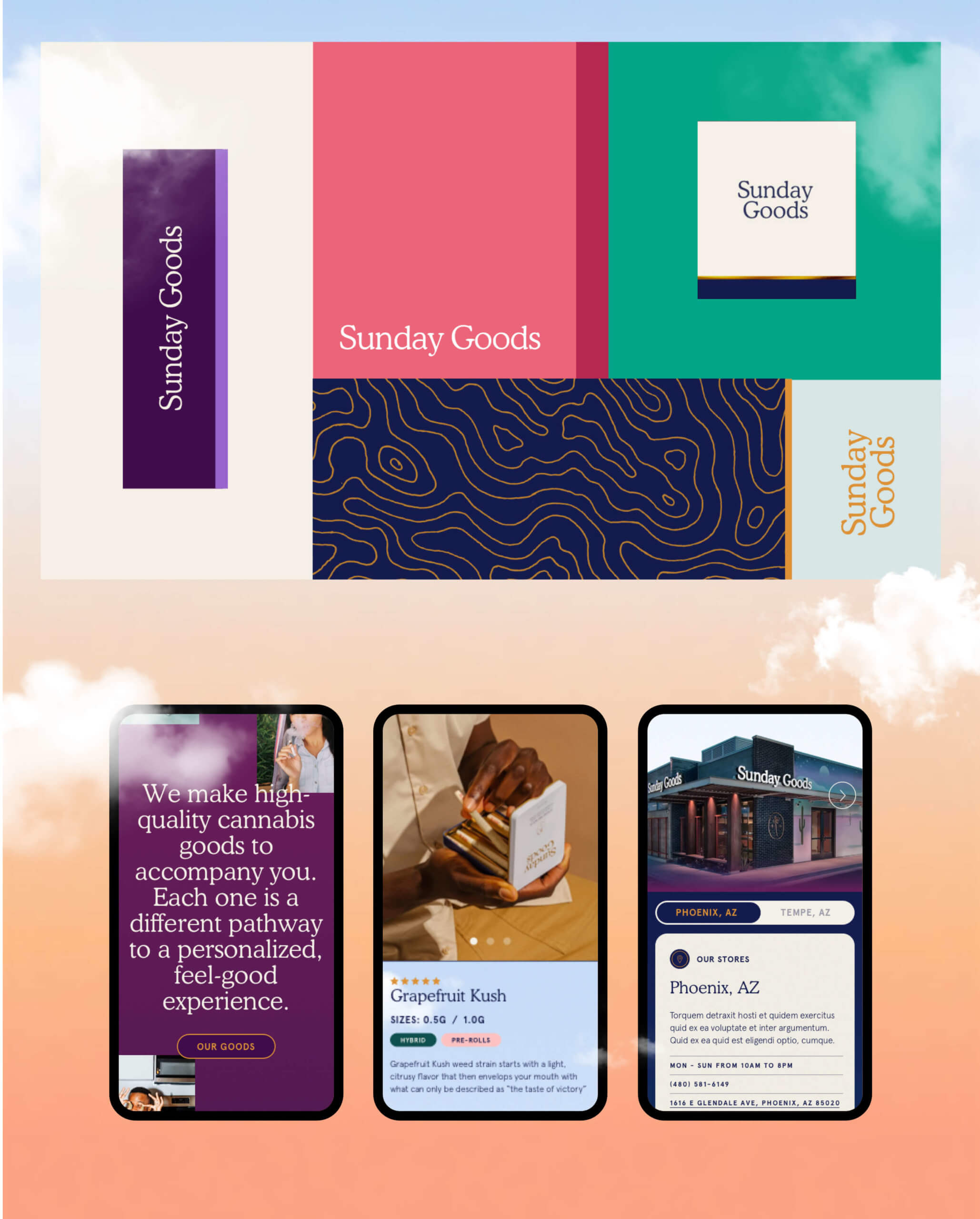 Collection of Sunday Goods branded products and packaging on a colorful background