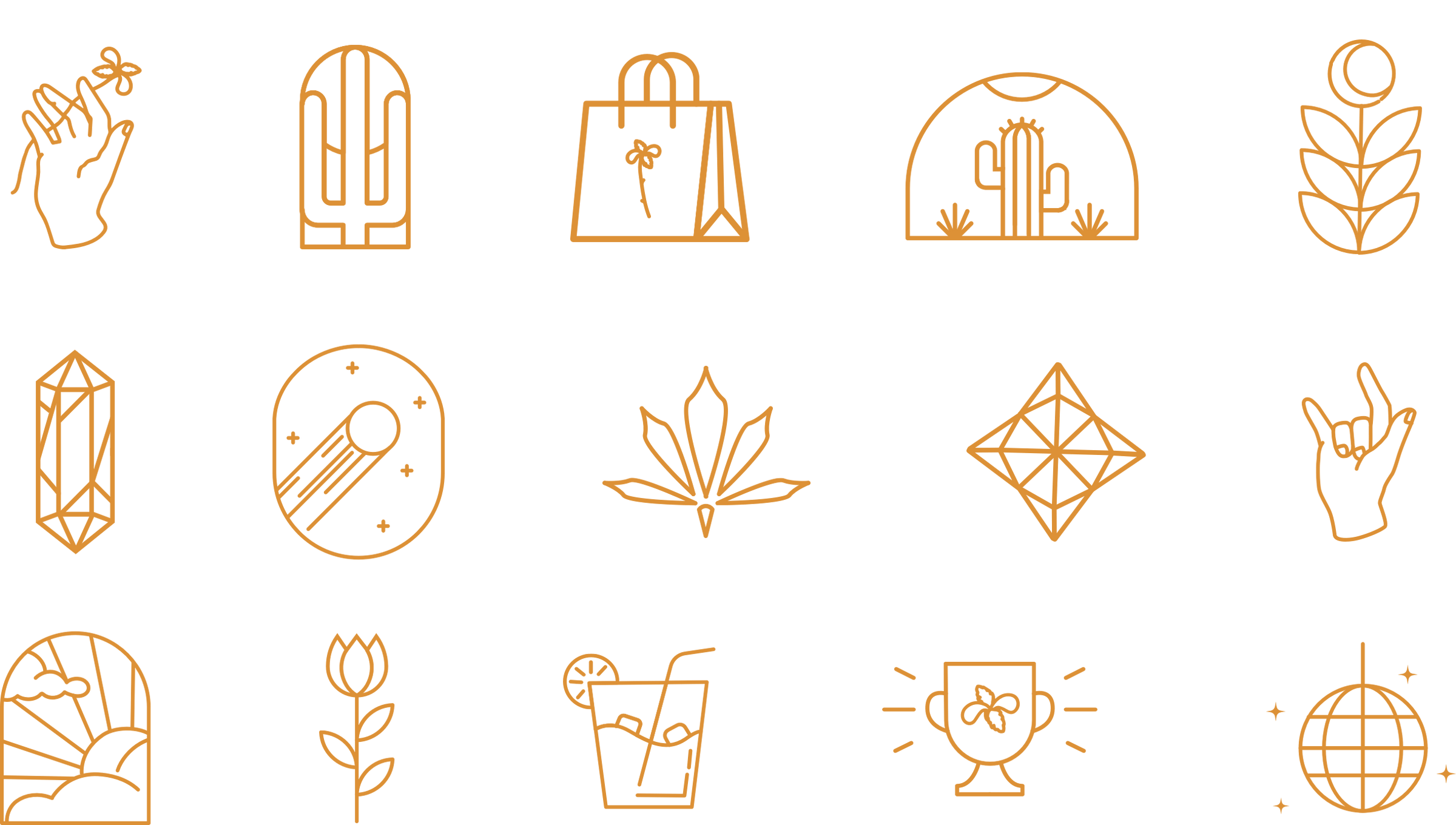 Collection of gold line art icons on a black background