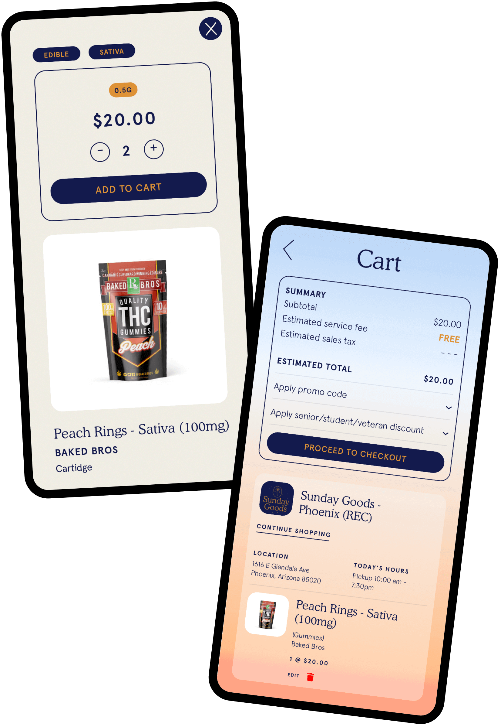 Two smartphone screens showing a product purchase interface with a THC cartridge and cart summary.