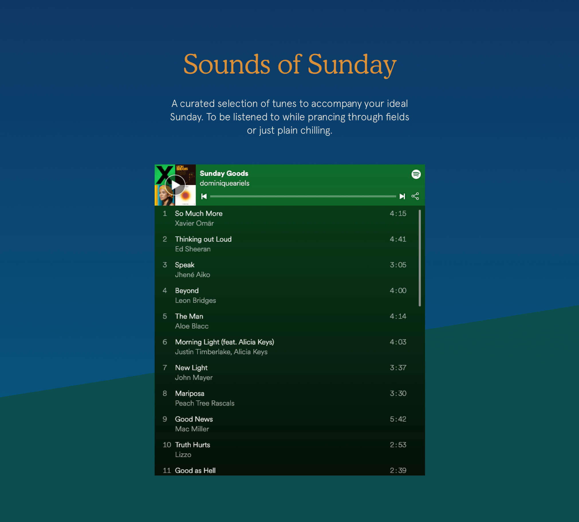 Music app interface with a playlist titled 'Sounds of Sunday' on a blue gradient background