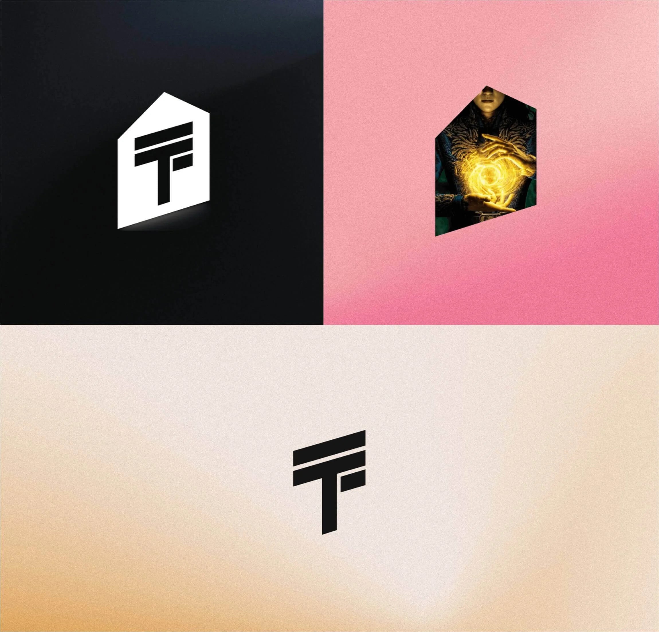 Four square sections with different logos and designs on a gradient background