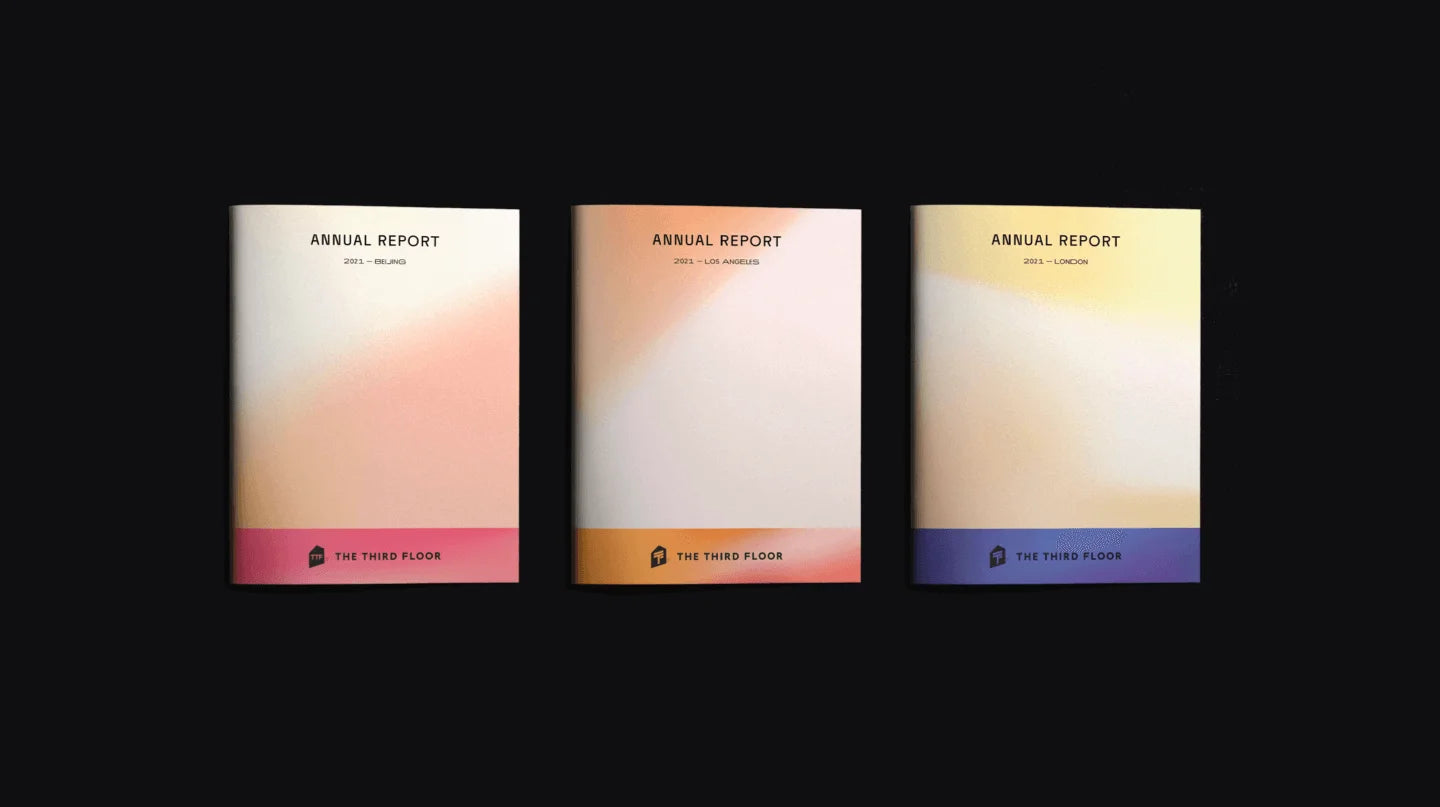 Three annual report covers with gradient designs on a black background