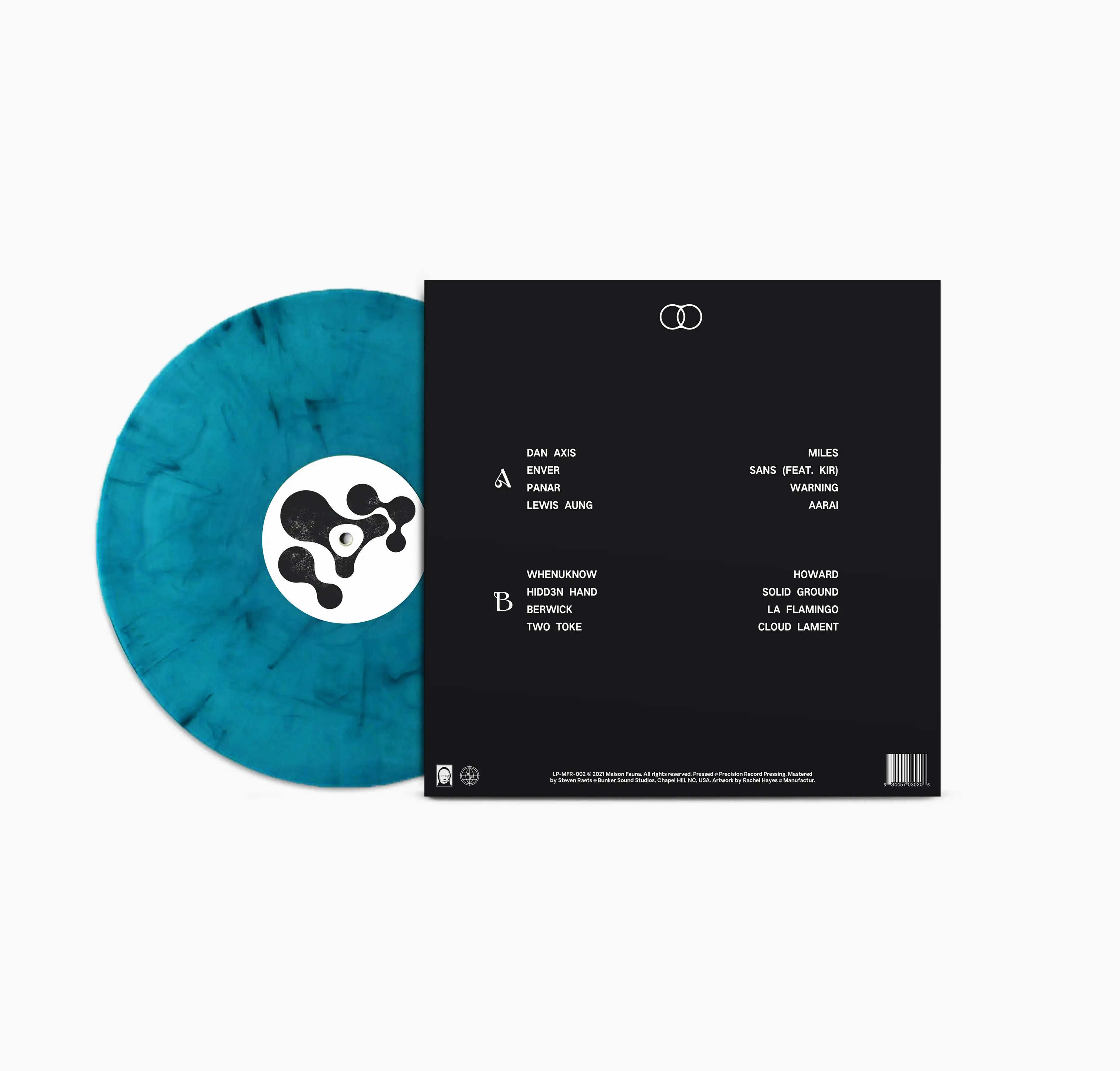 Vinyl record with a blue disc and black label on a white background