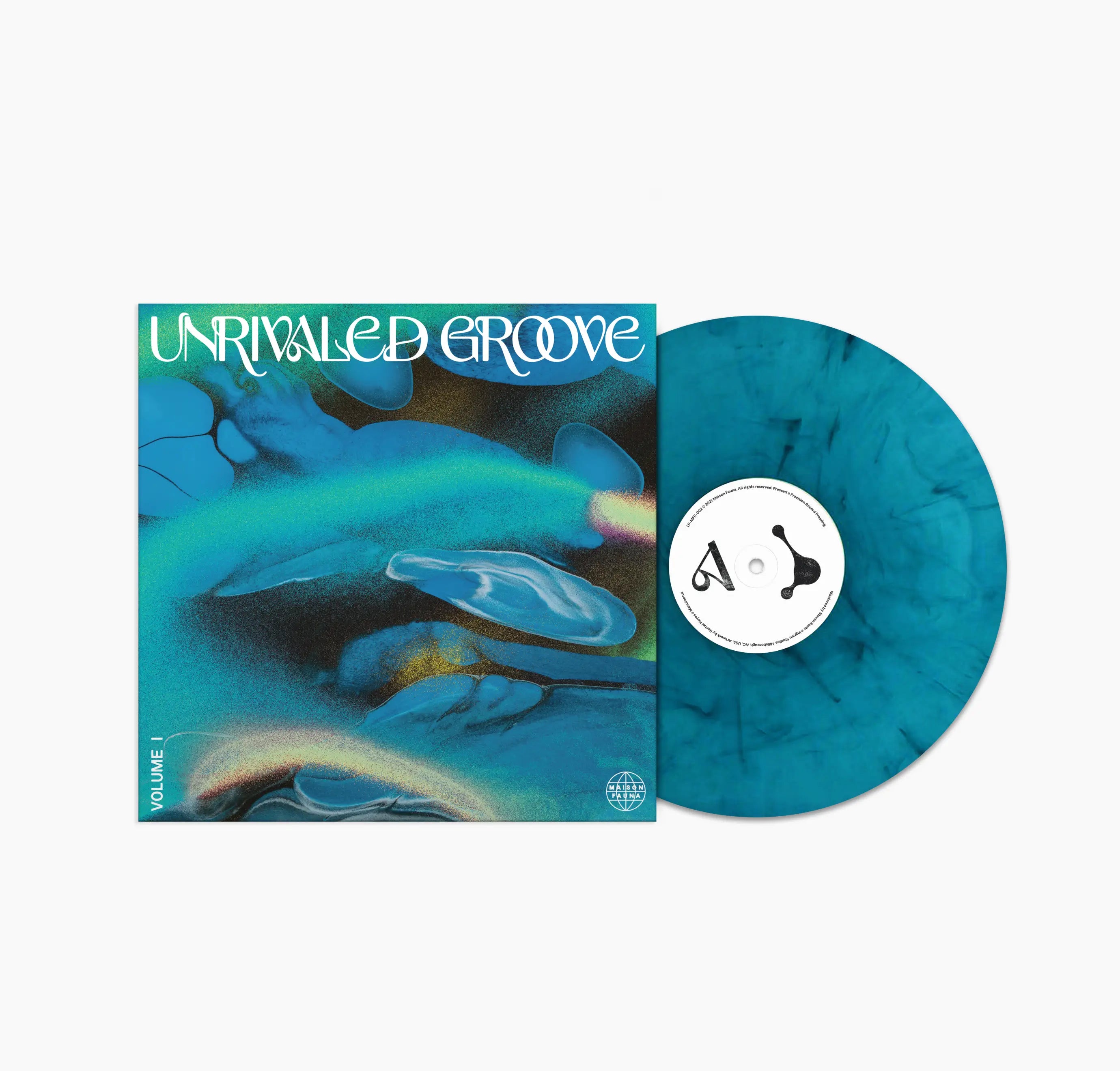 Vinyl record with a blue and green marbled design and matching cover titled 'Unrivaled Groove'.
