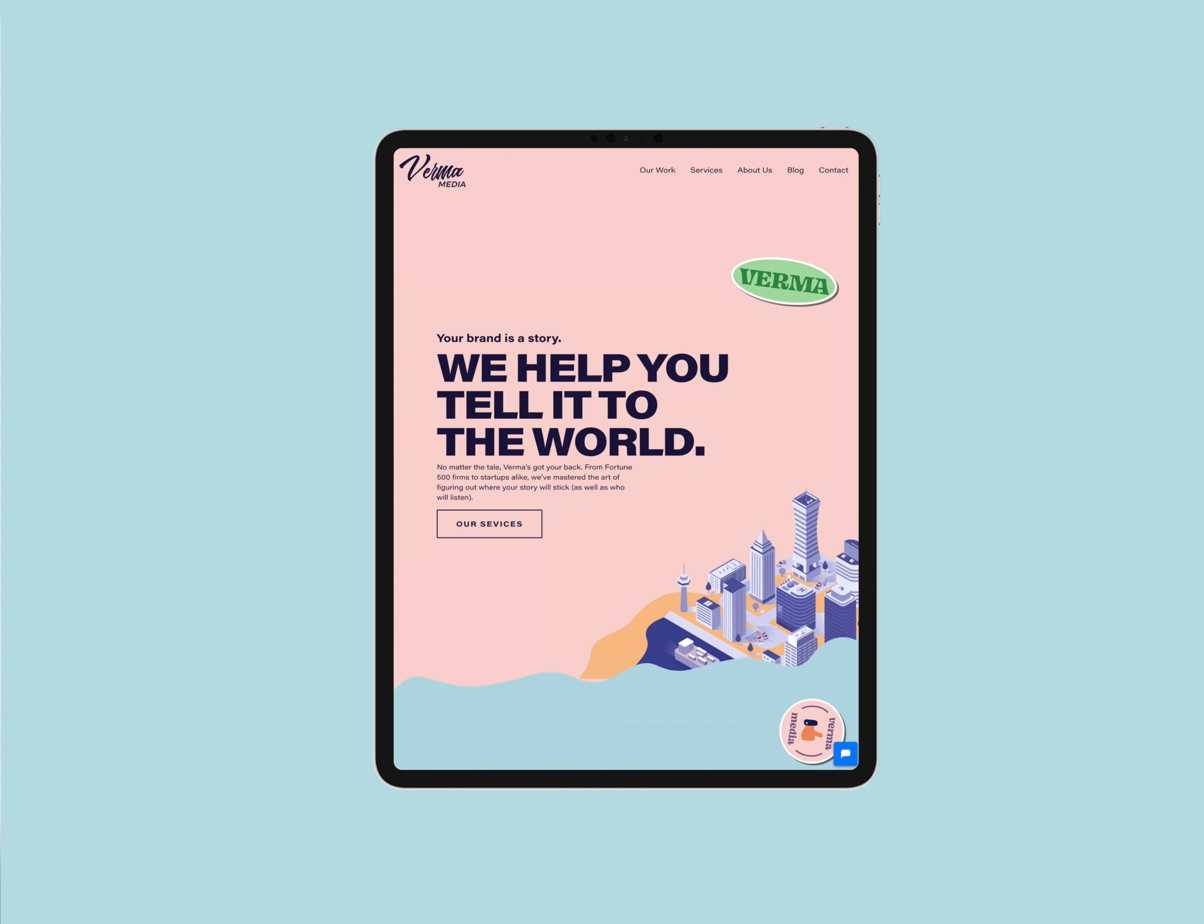 Tablet displaying a Verma Media advertisement on a light blue background