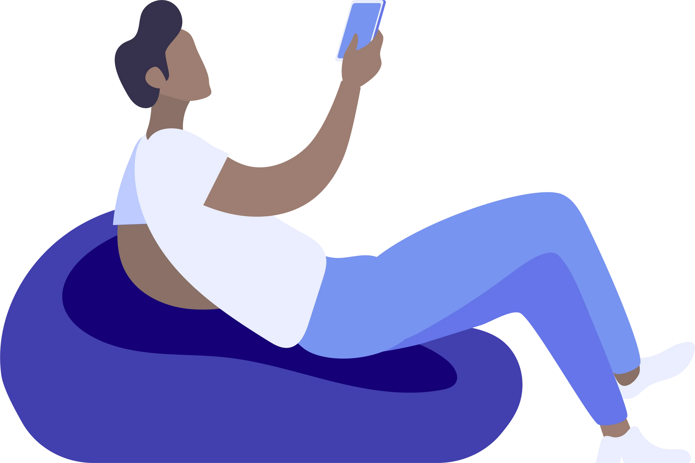 Illustration of a person sitting on a bean bag chair using a smartphone.