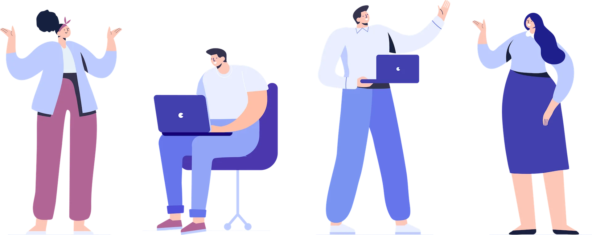 Illustration of four people using laptops on a white background