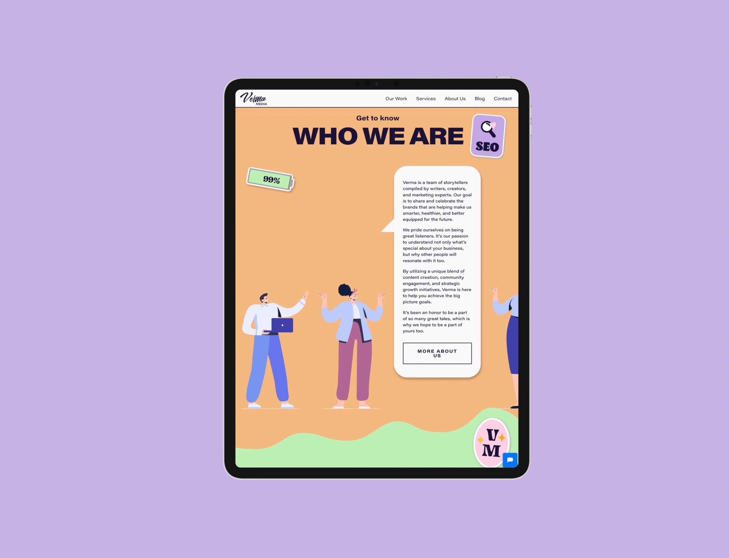 Digital tablet displaying a website about 'WHO WE ARE' on a purple background