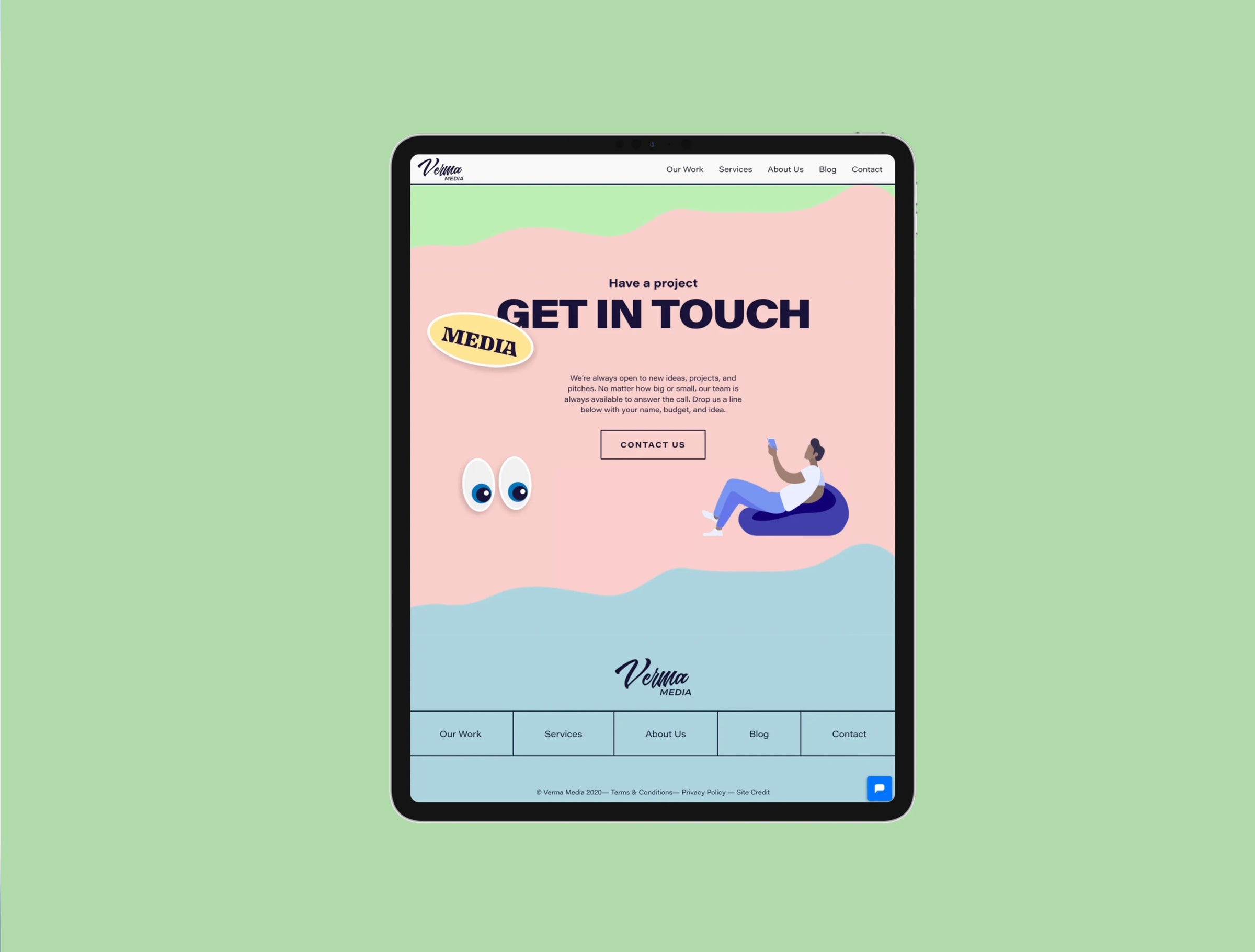 iPad displaying a website with a pink and blue design on a green background